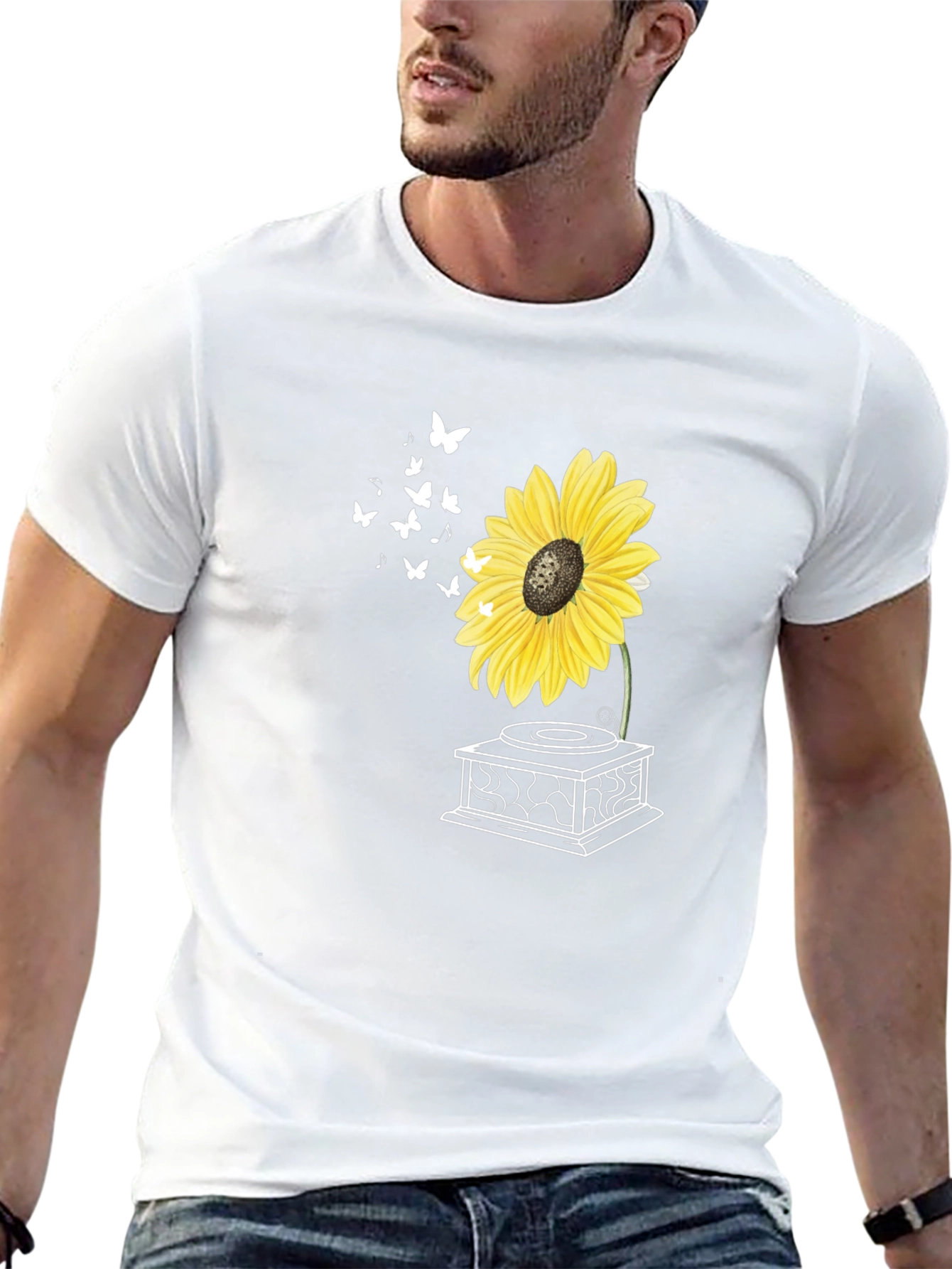 Sunflower Gramophone T-Shirt - Unique Floral Design