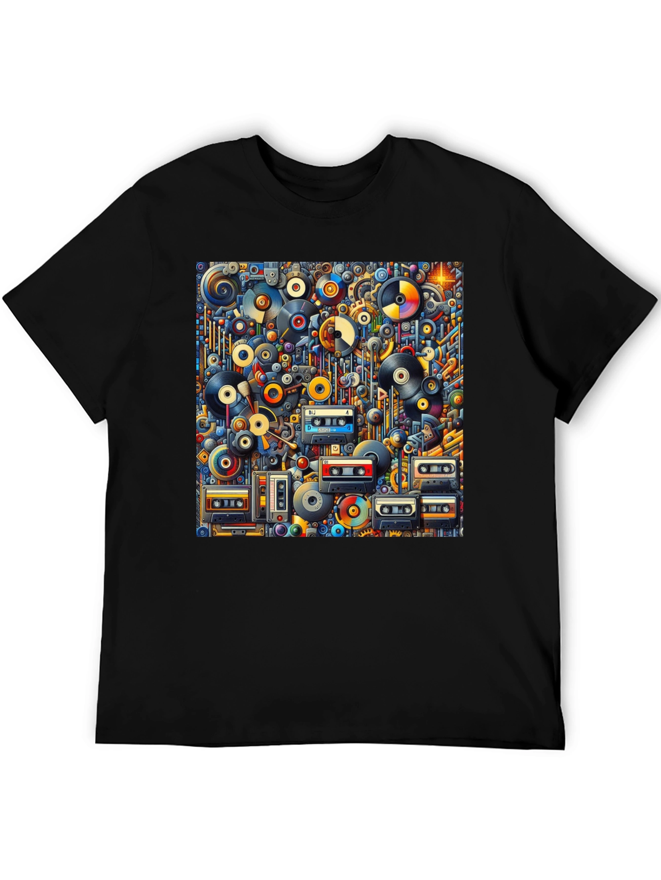 Retro Music Print T-Shirt: Vinyl & Cassette Collage