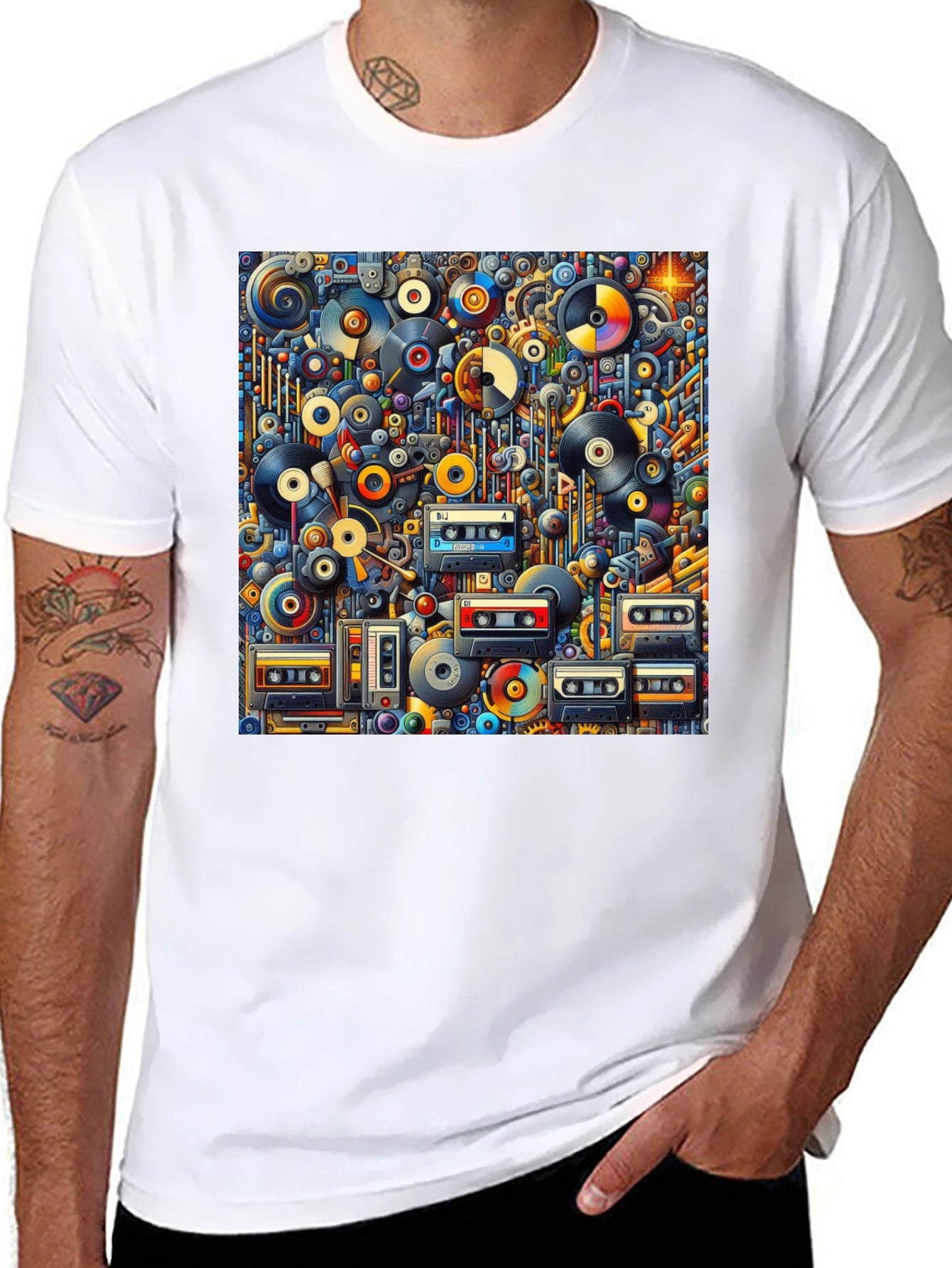 Retro Music Print T-Shirt: Vinyl & Cassette Collage