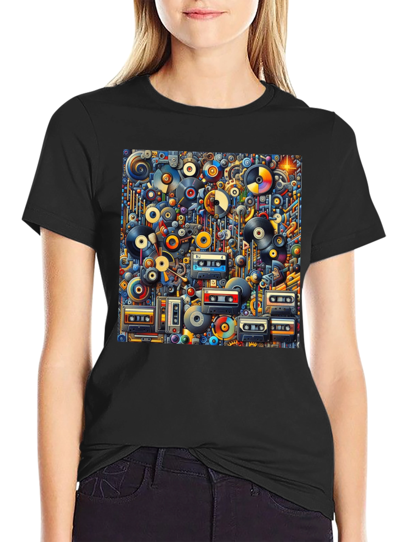 Retro Music Print T-Shirt: Vinyl & Cassette Collage