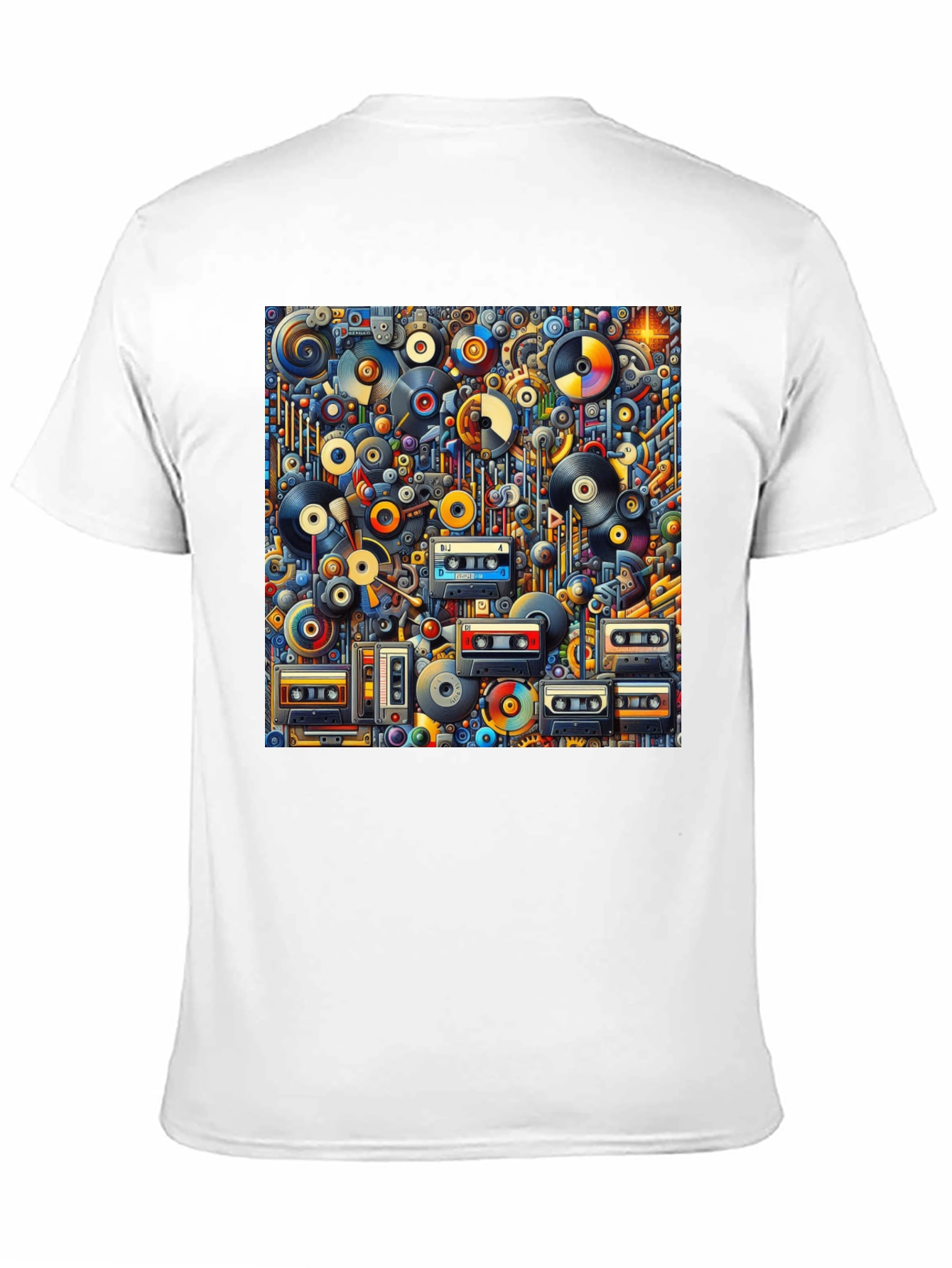 Retro Music Print T-Shirt: Vinyl & Cassette Collage