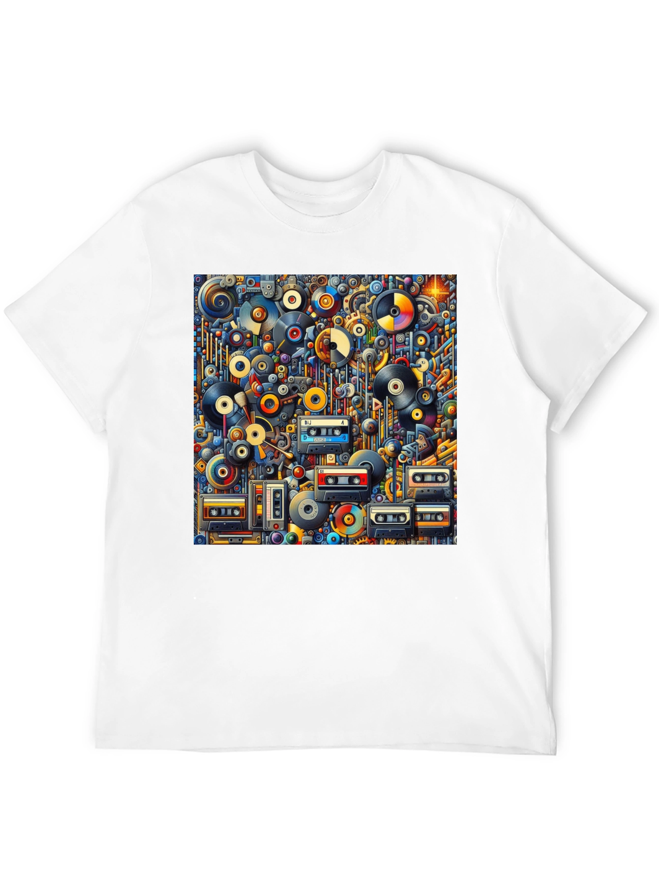 Retro Music Print T-Shirt: Vinyl & Cassette Collage
