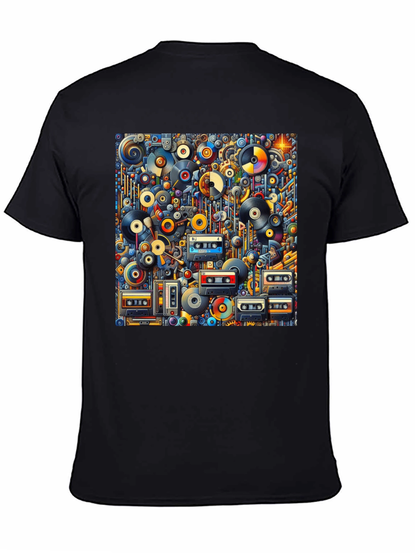 Retro Music Print T-Shirt: Vinyl & Cassette Collage