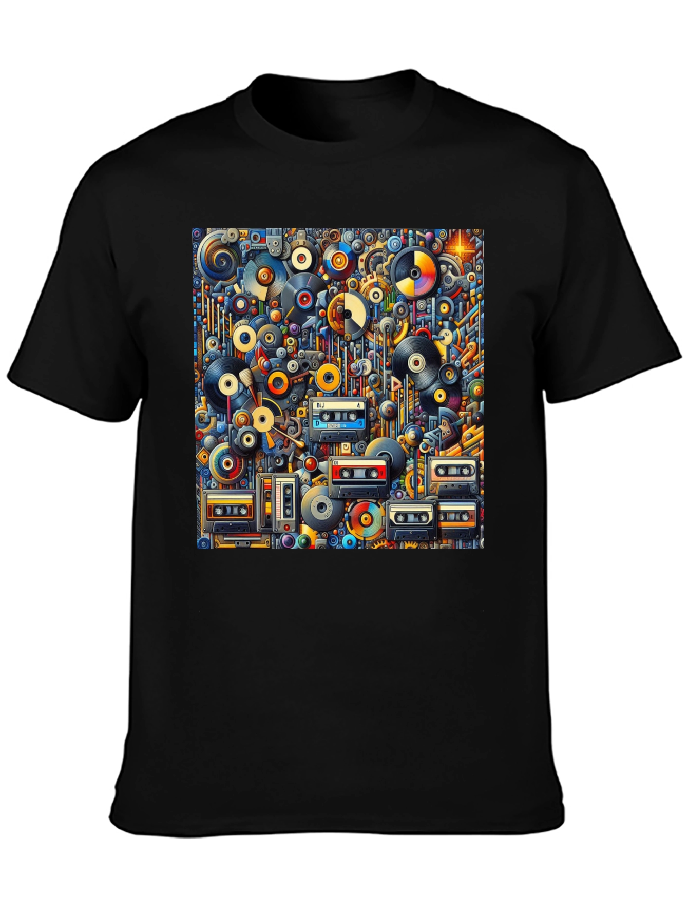 Retro Music Print T-Shirt: Vinyl & Cassette Collage