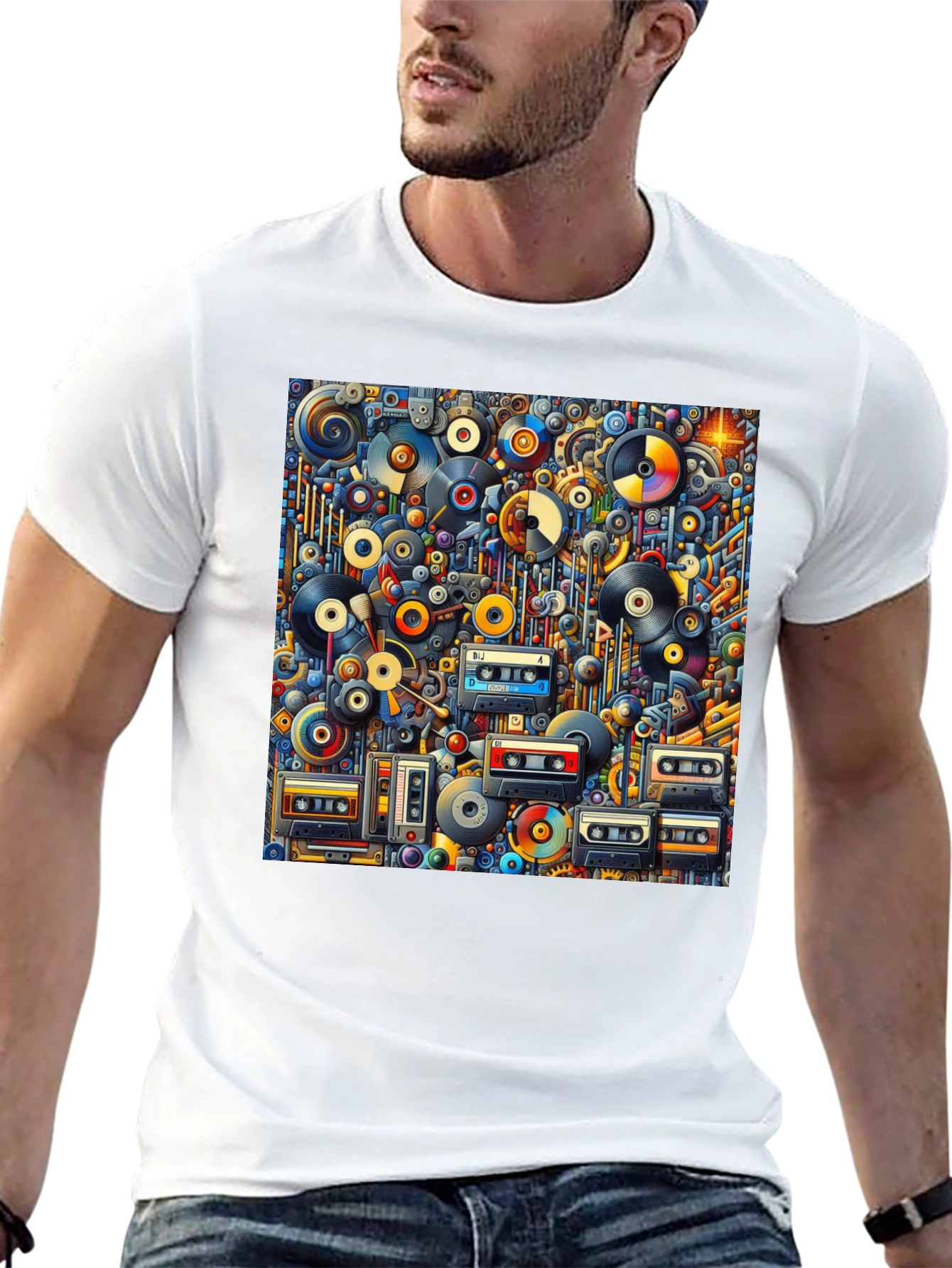Retro Music Print T-Shirt: Vinyl & Cassette Collage