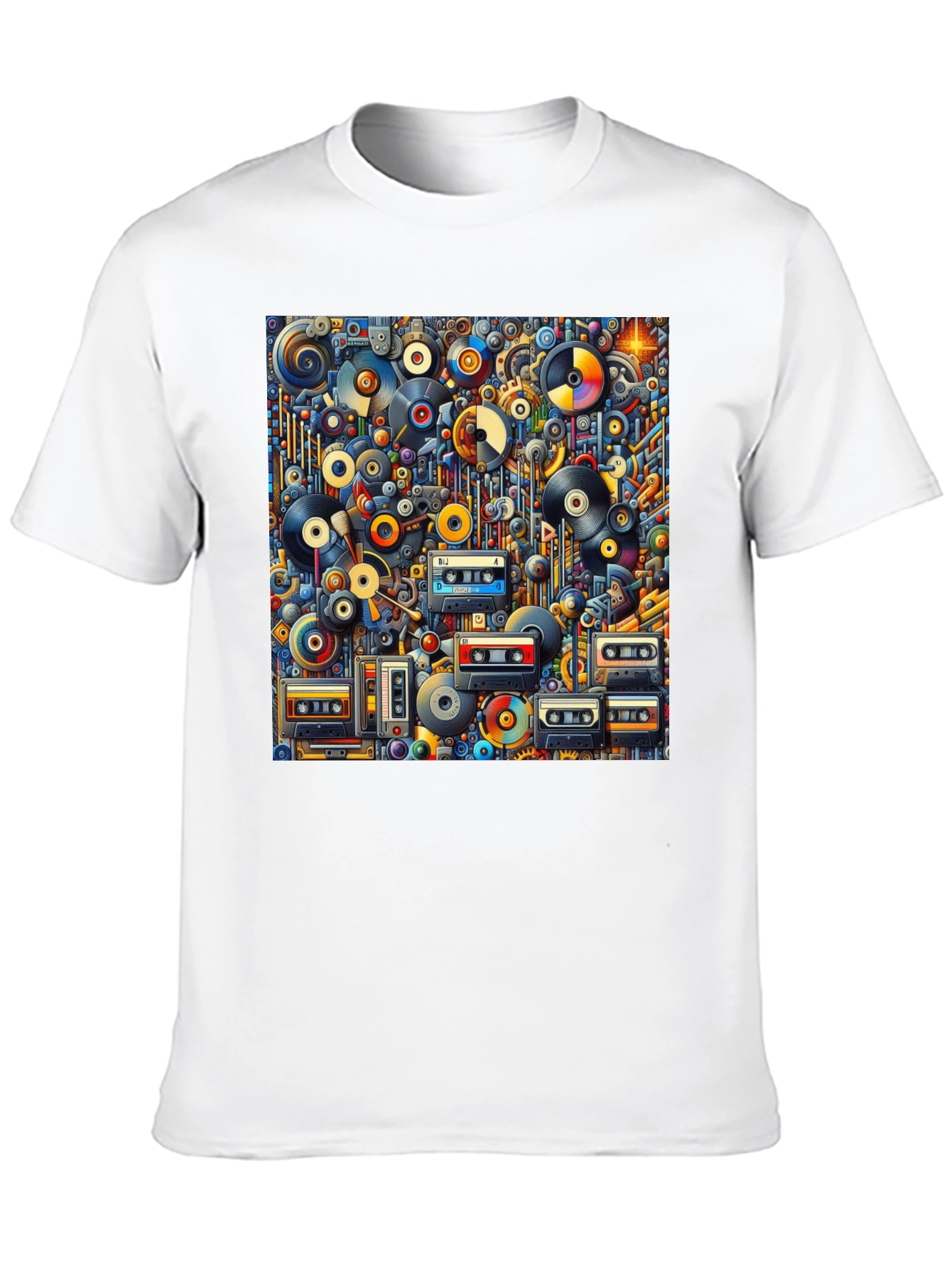 Retro Music Print T-Shirt: Vinyl & Cassette Collage