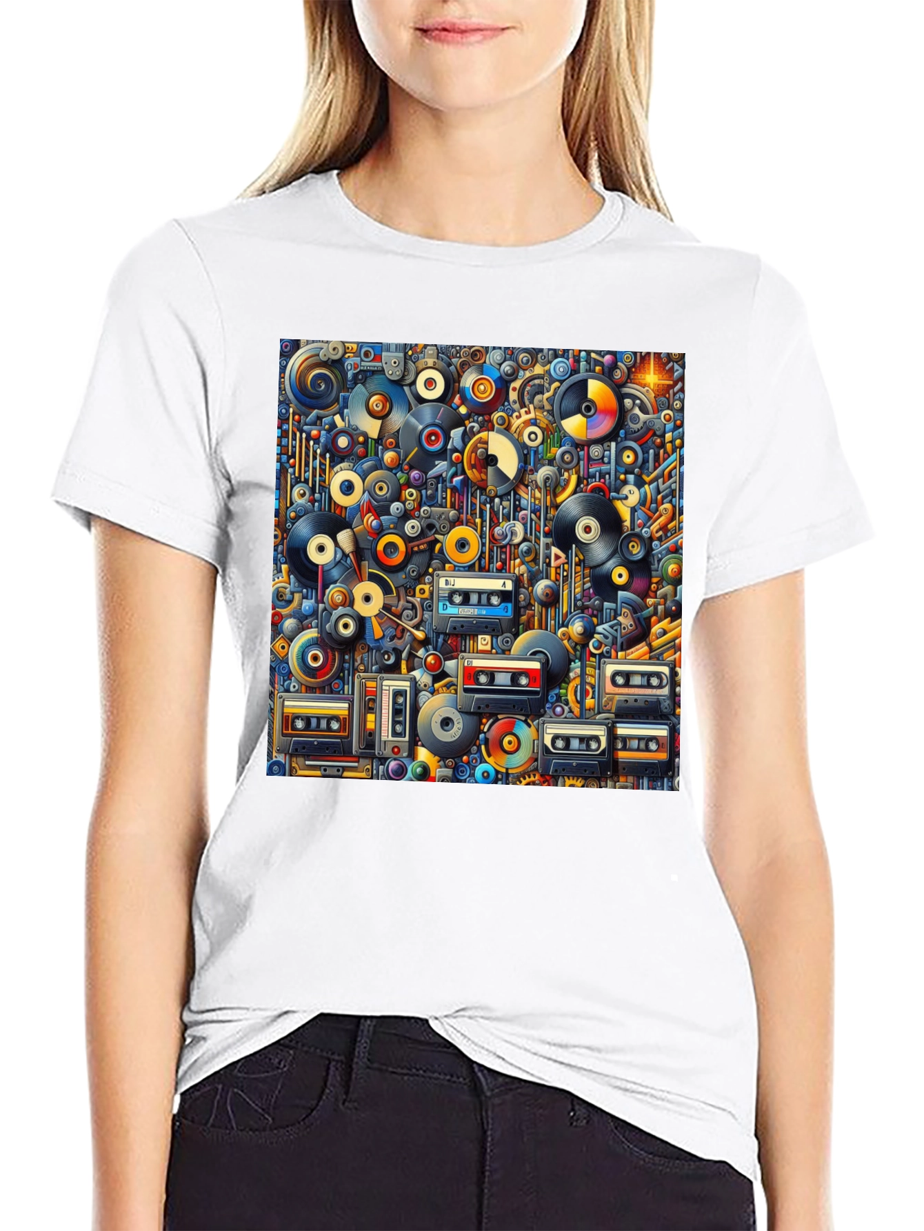 Retro Music Print T-Shirt: Vinyl & Cassette Collage