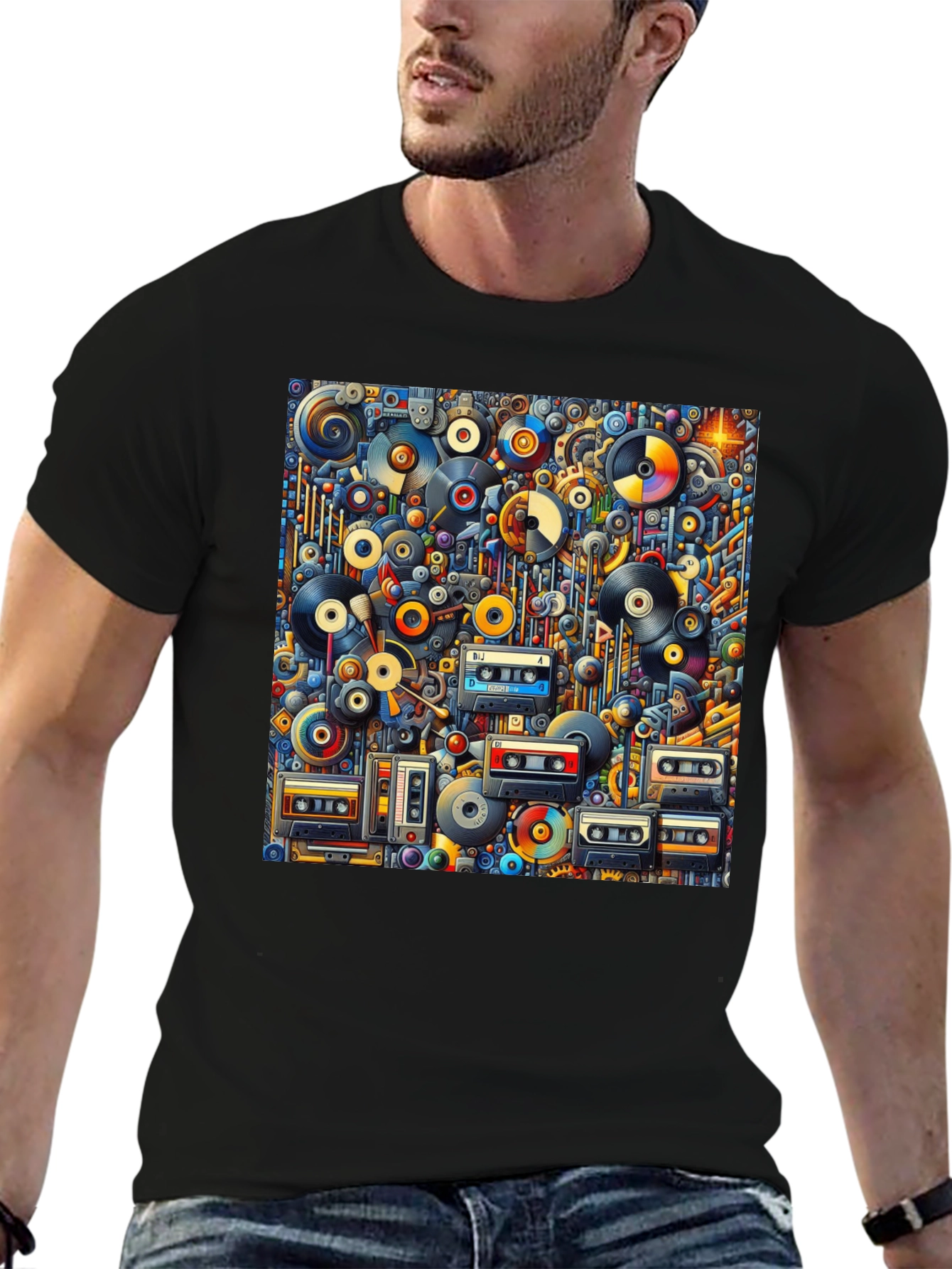 Retro Music Print T-Shirt: Vinyl & Cassette Collage