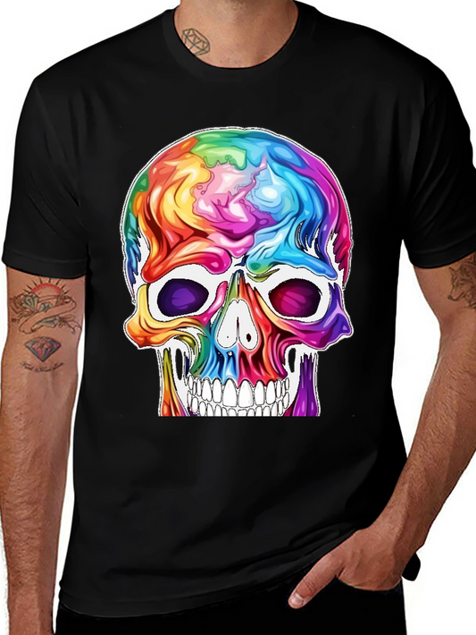Colorful Skull Graphic Tee - Black Cotton T-Shirt