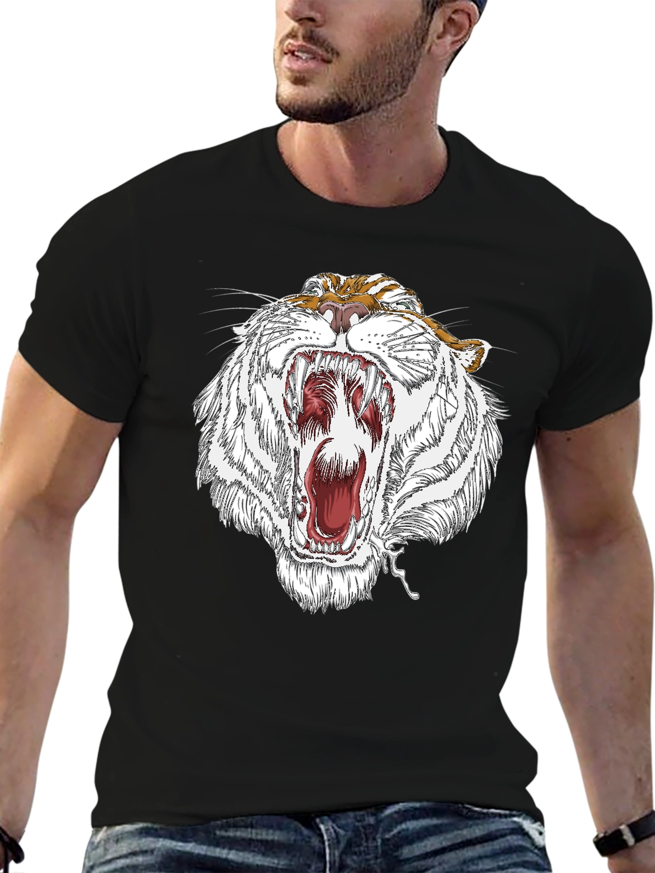 Roaring White Tiger Graphic Print Black T-Shirt