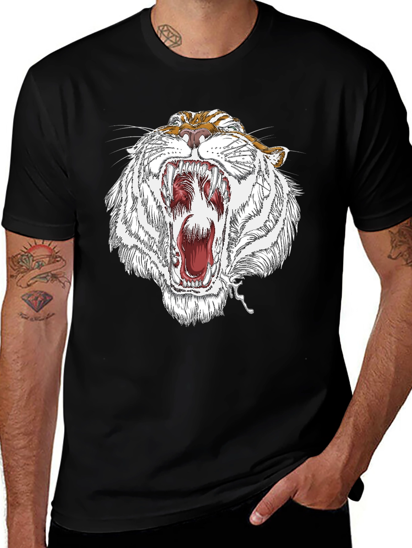 Roaring White Tiger Graphic Print Black T-Shirt