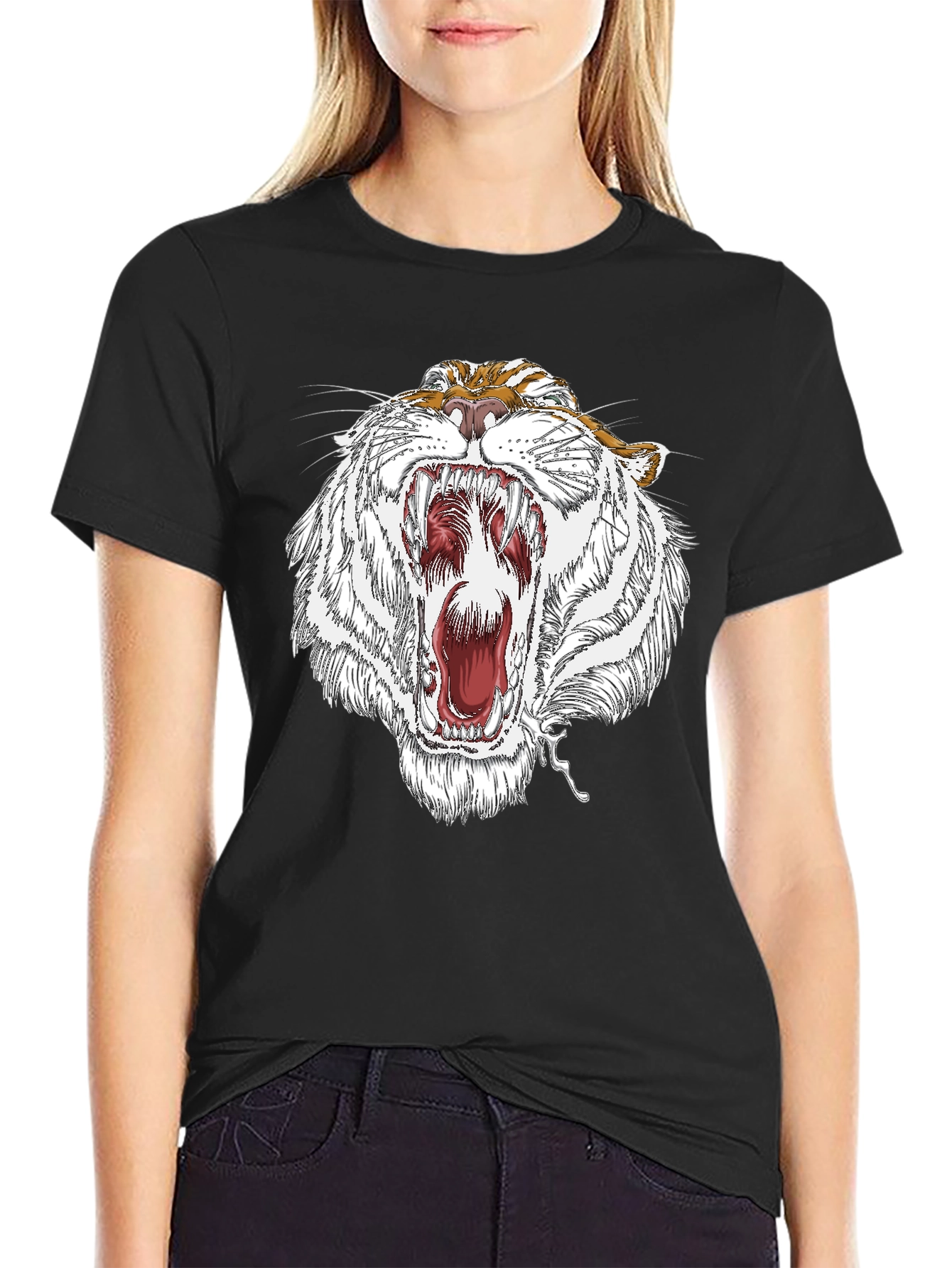Roaring White Tiger Graphic Print Black T-Shirt