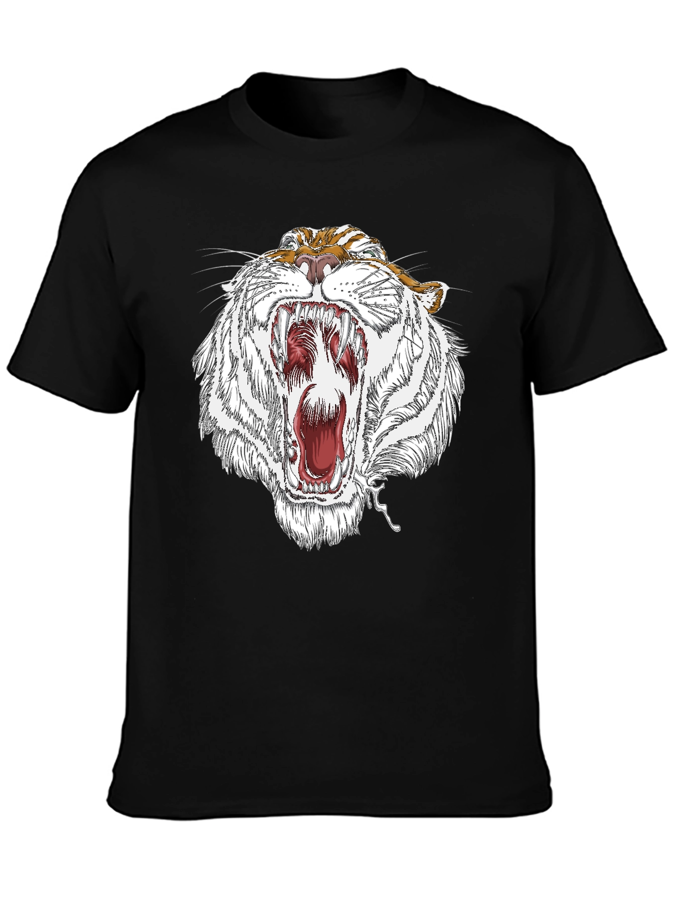 Roaring White Tiger Graphic Print Black T-Shirt