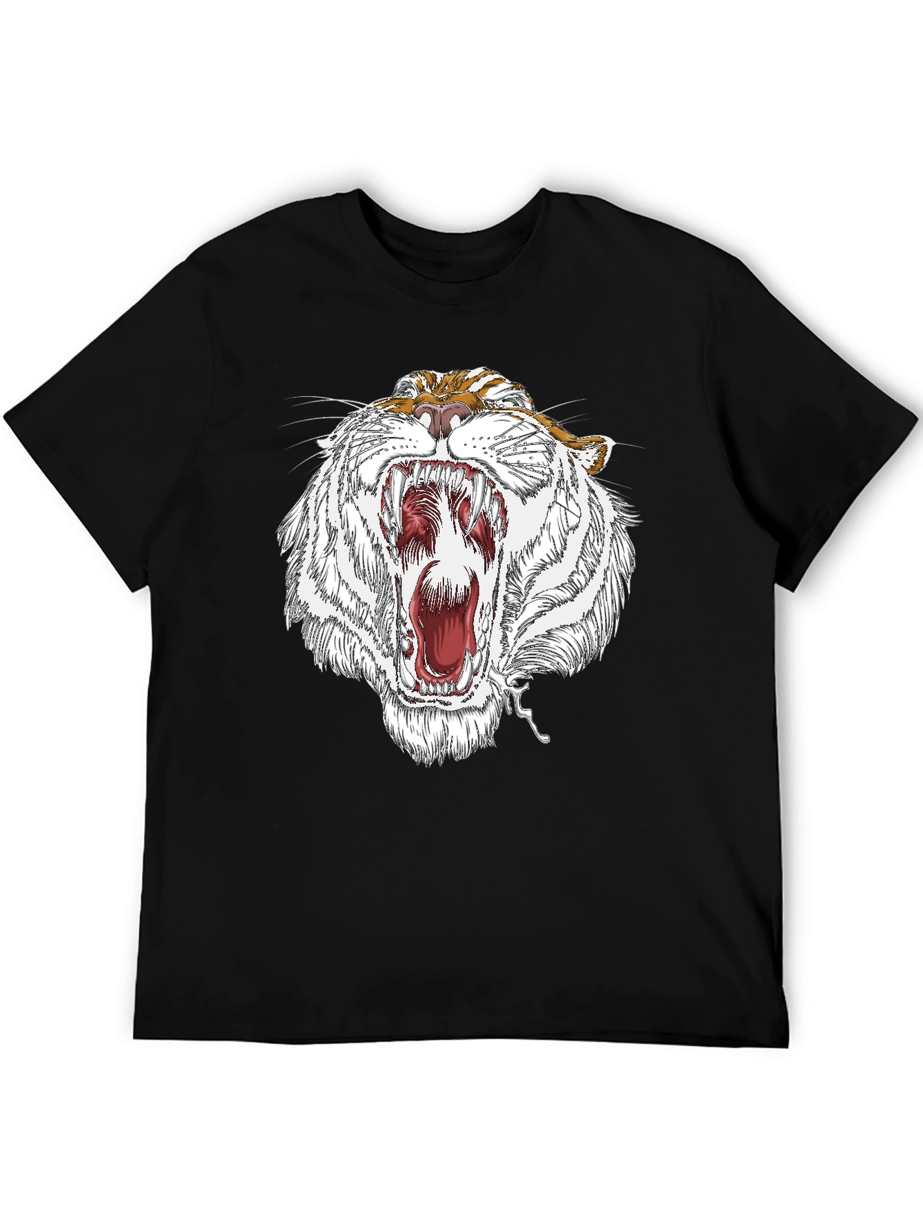 Roaring White Tiger Graphic Print Black T-Shirt