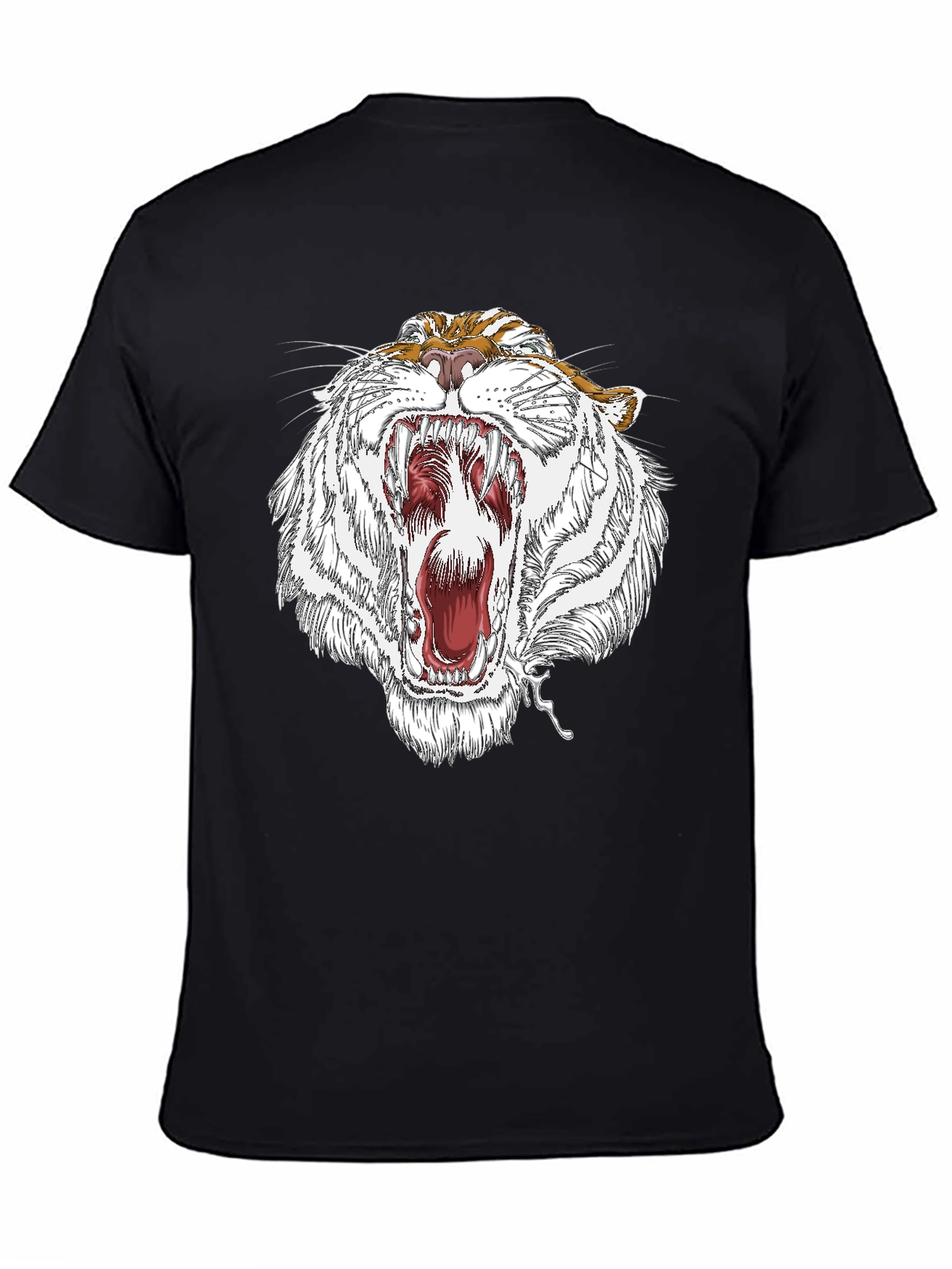 Roaring White Tiger Graphic Print Black T-Shirt