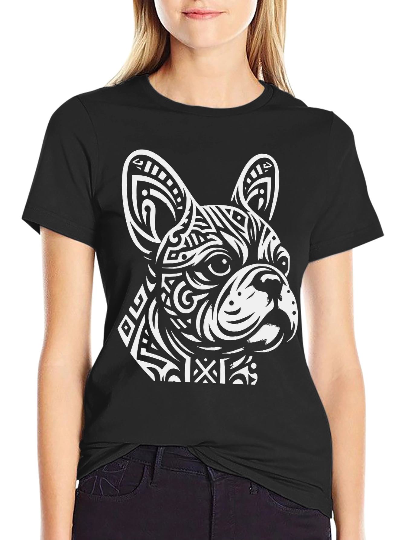 Dog Head Graphic Tee - Black Crew Neck T-Shirt