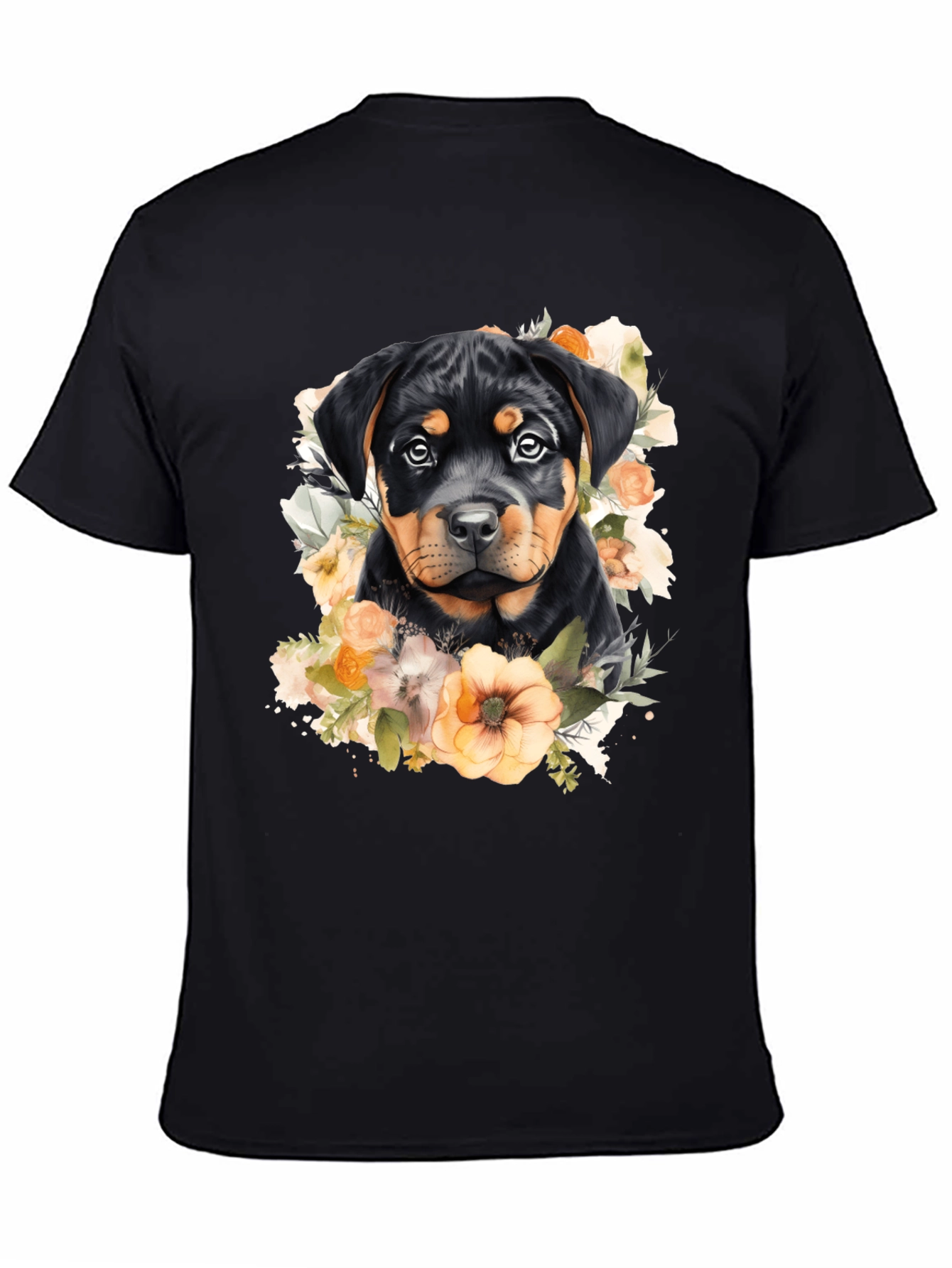 Rottweiler Puppy Floral Black T-Shirt