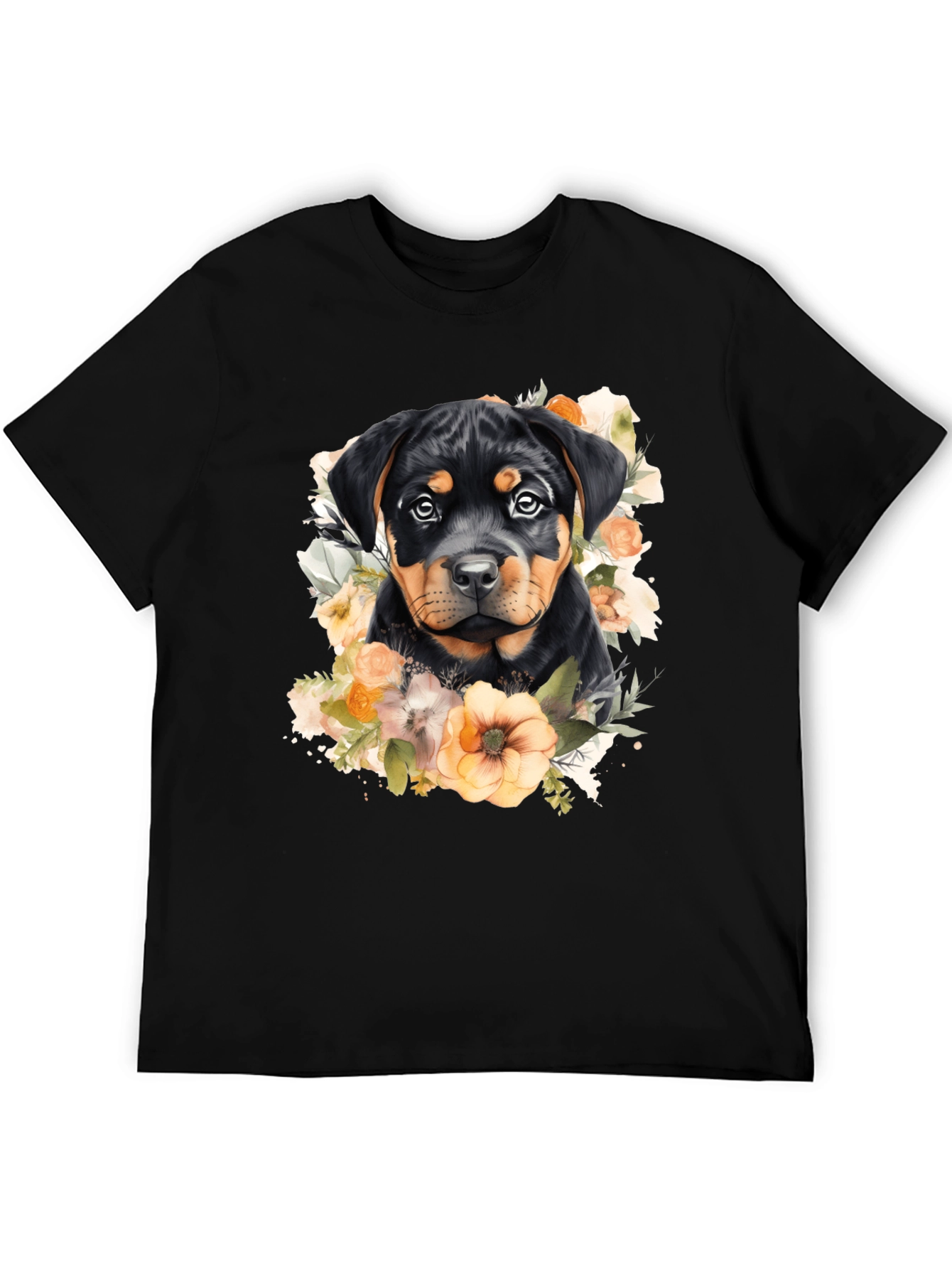 Rottweiler Puppy Floral Black T-Shirt
