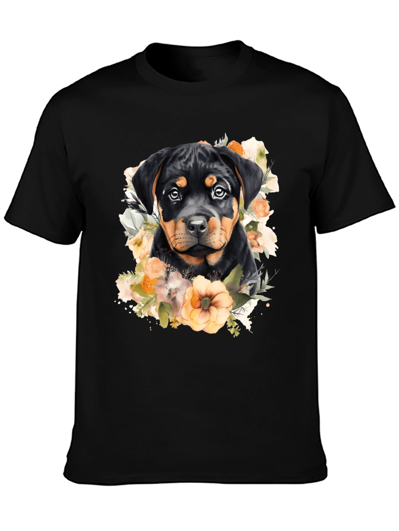 Rottweiler Puppy Floral Black T-Shirt