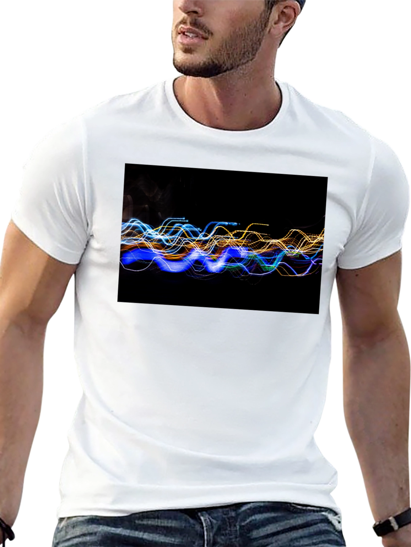 Abstract Light Wave Graphic Tee - Black Cotton T-Shirt