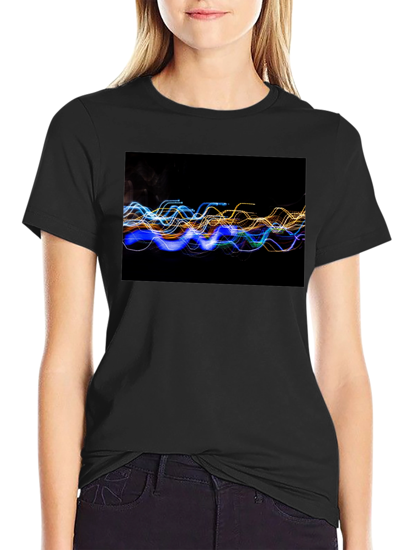 Abstract Light Wave Graphic Tee - Black Cotton T-Shirt