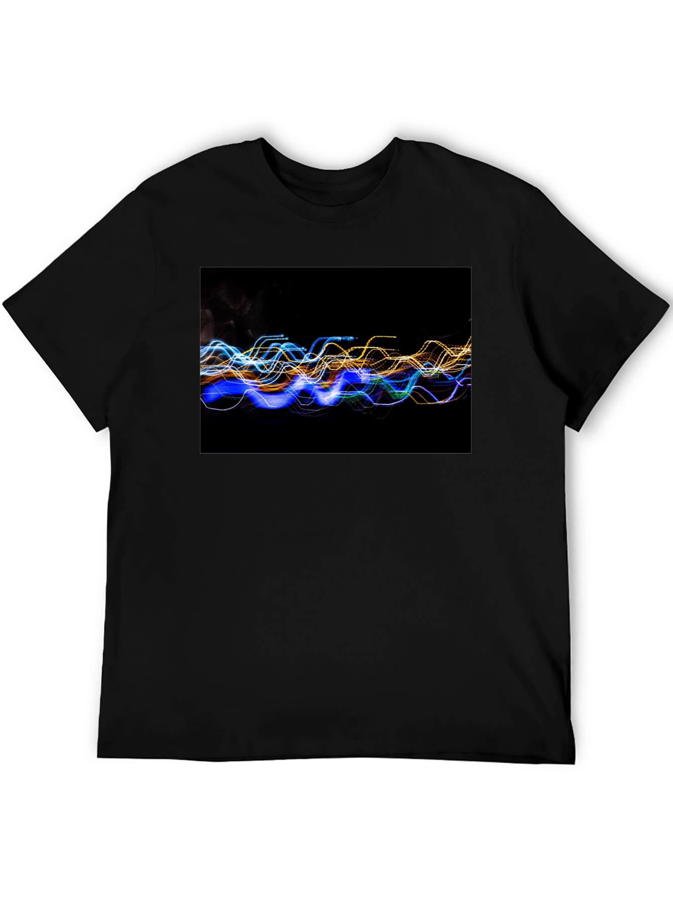 Abstract Light Wave Graphic Tee - Black Cotton T-Shirt