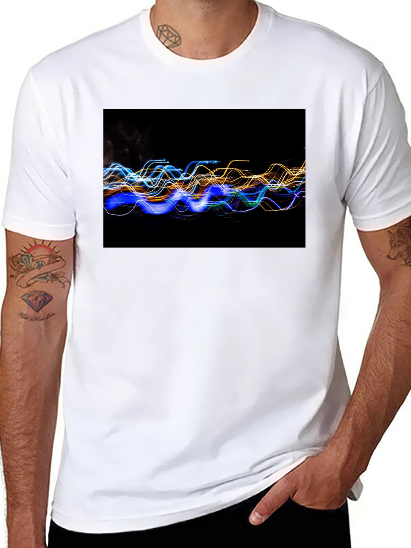 Abstract Light Wave Graphic Tee - Black Cotton T-Shirt