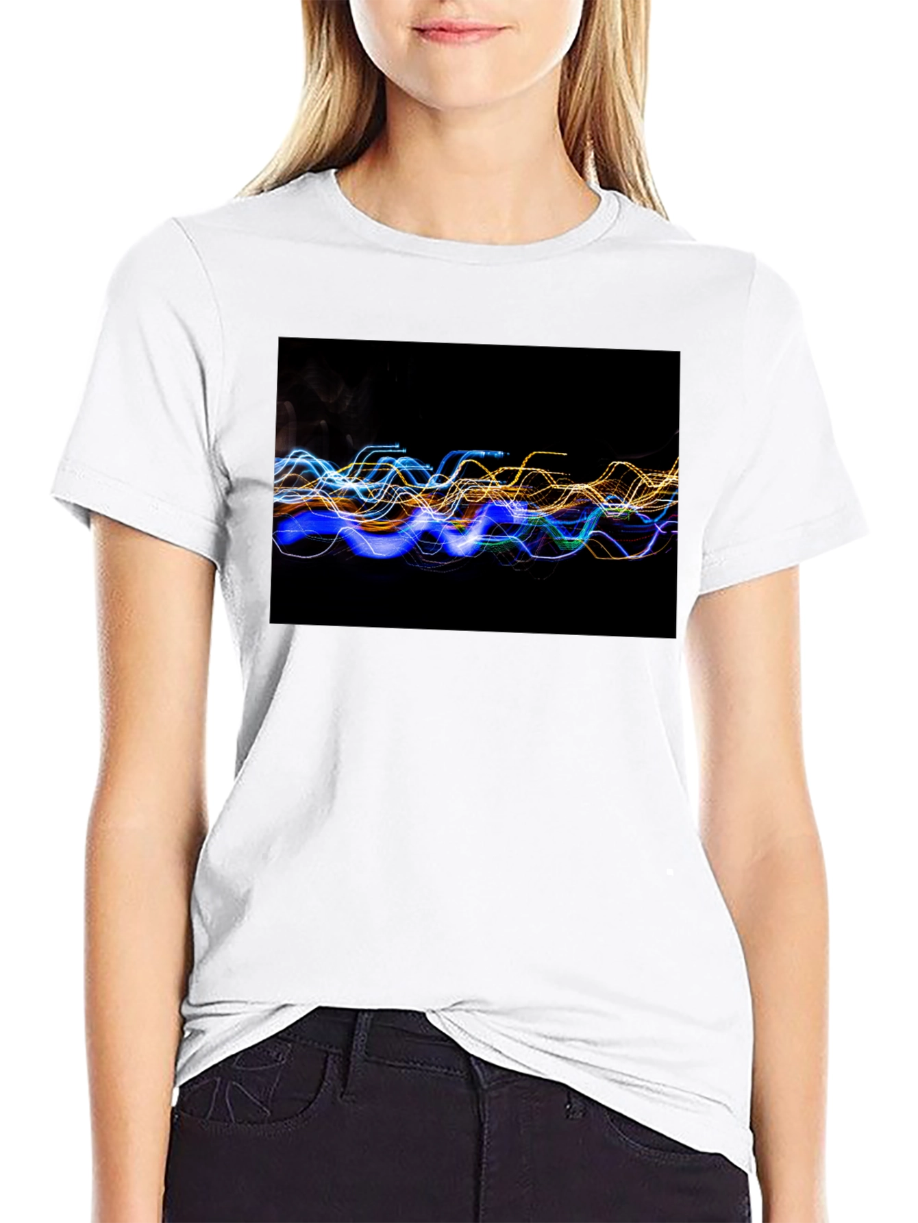 Abstract Light Wave Graphic Tee - Black Cotton T-Shirt