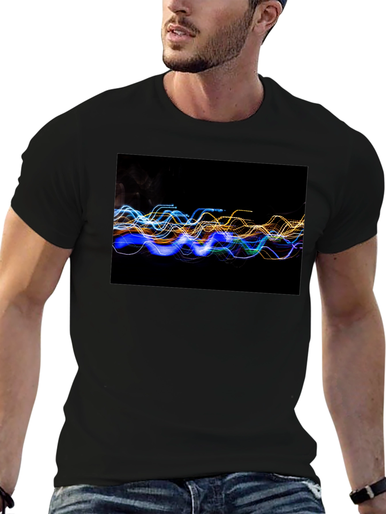 Abstract Light Wave Graphic Tee - Black Cotton T-Shirt
