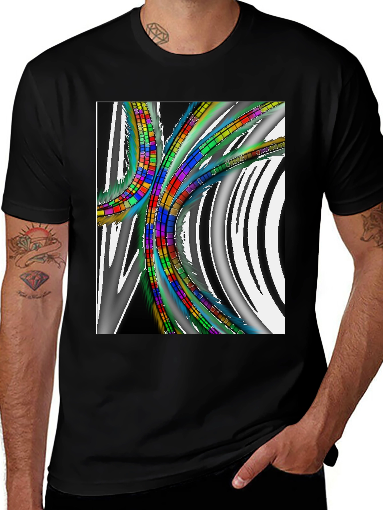 Abstract Geometric Pattern T-Shirt - Black