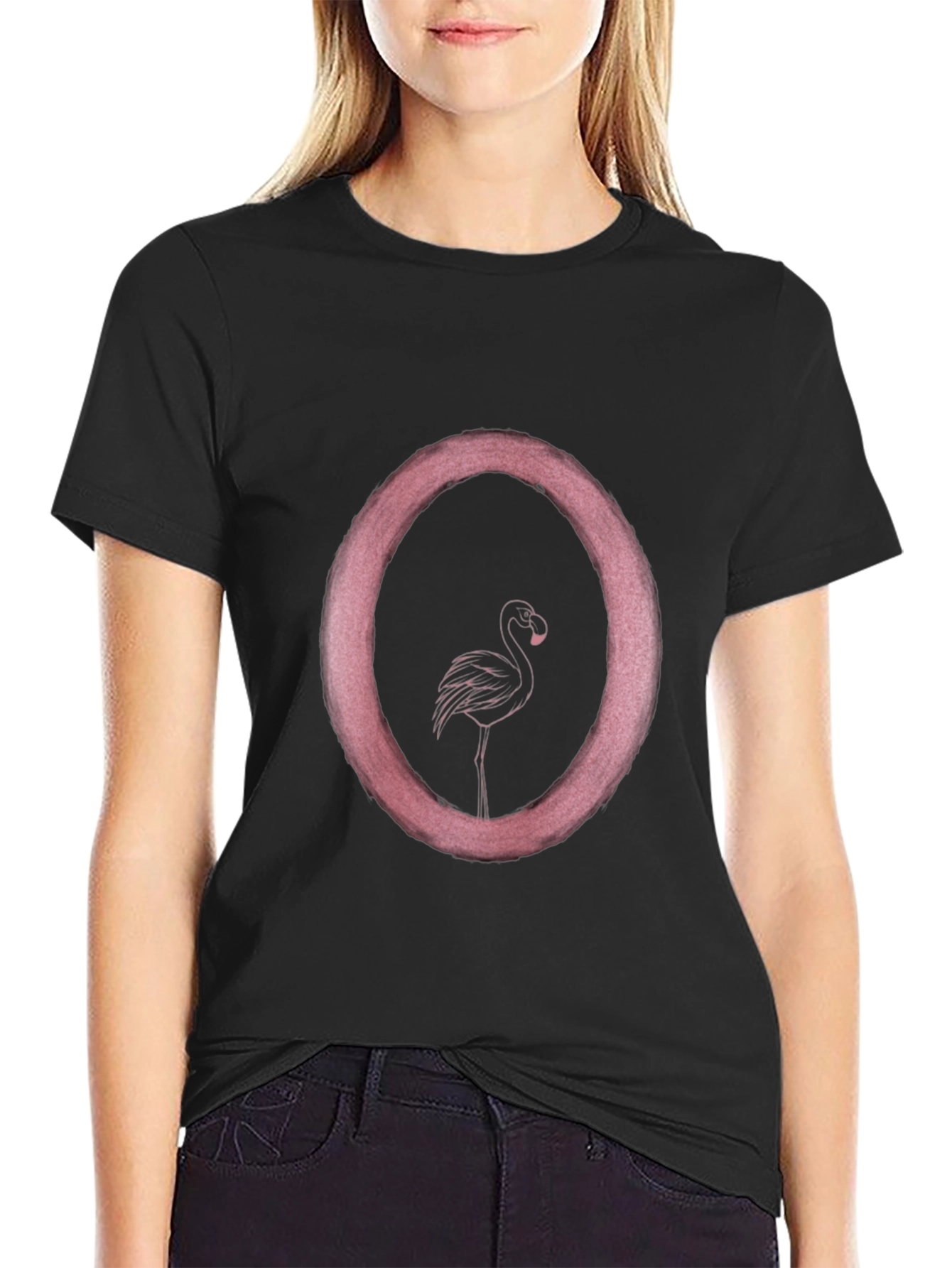 Flamingo Circle Graphic T-Shirt - Black