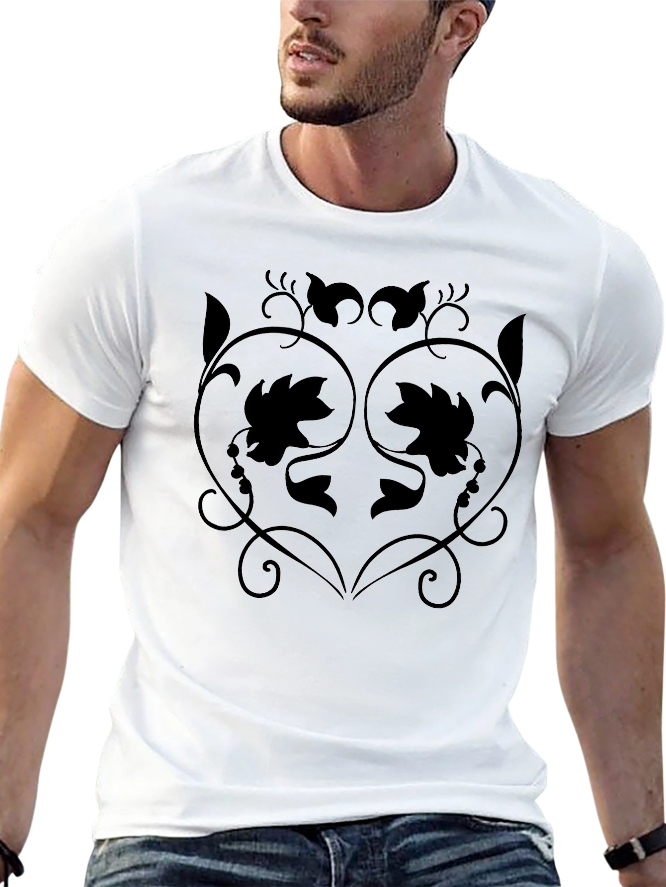 Stylish Black T-Shirt with Floral Vine Design
