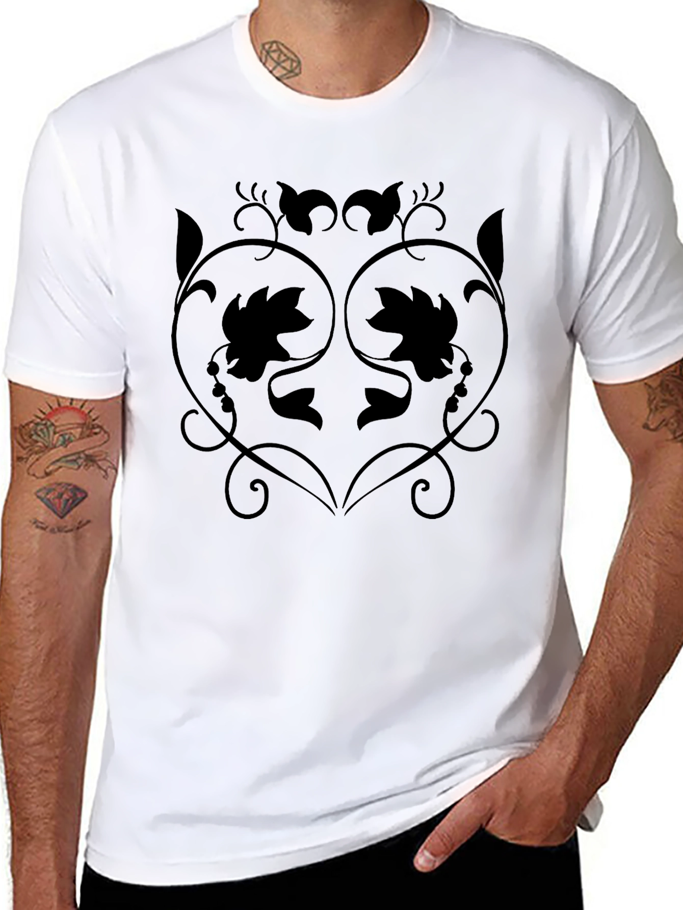 Stylish Black T-Shirt with Floral Vine Design