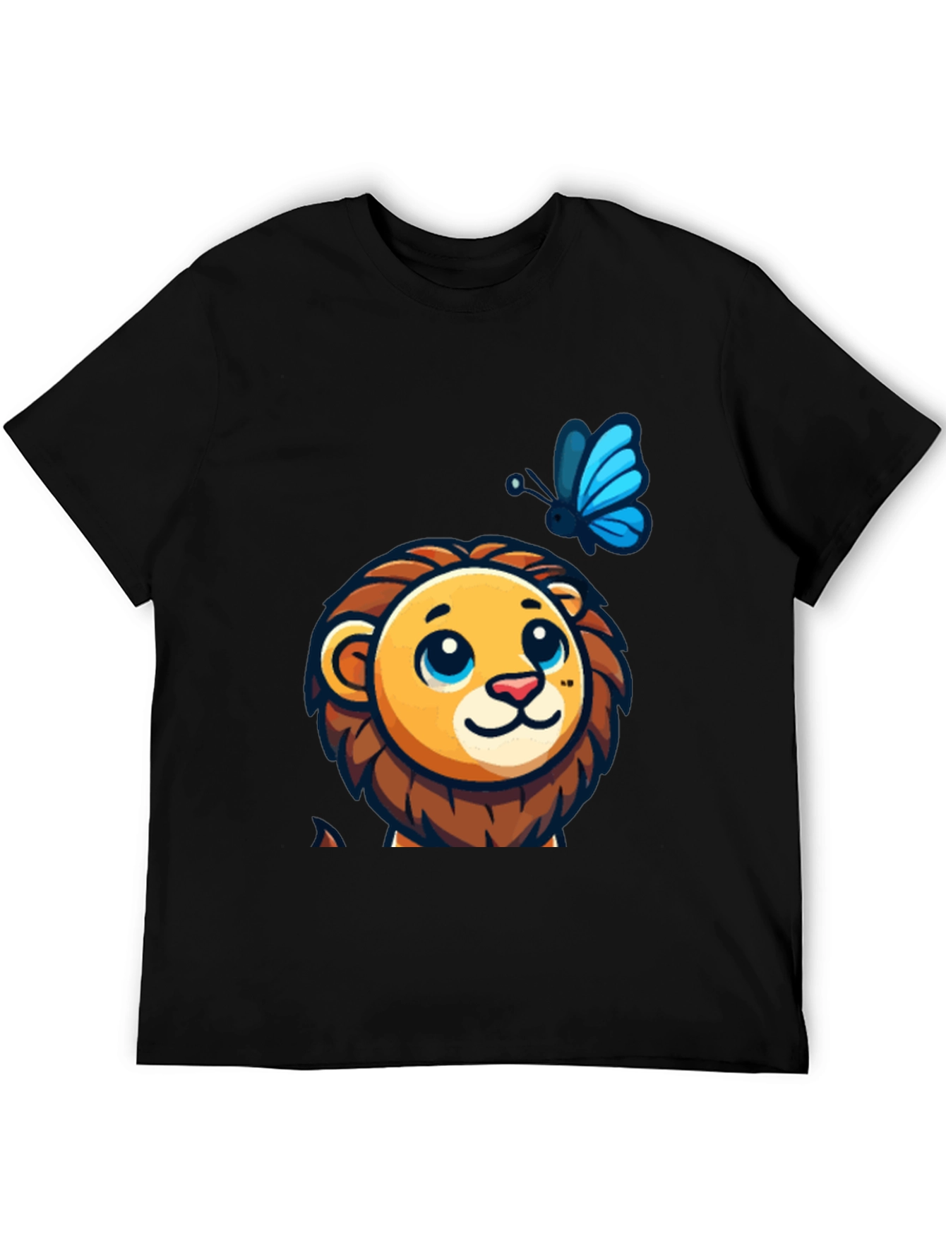 Cute Lion & Butterfly Graphic Black T-Shirt