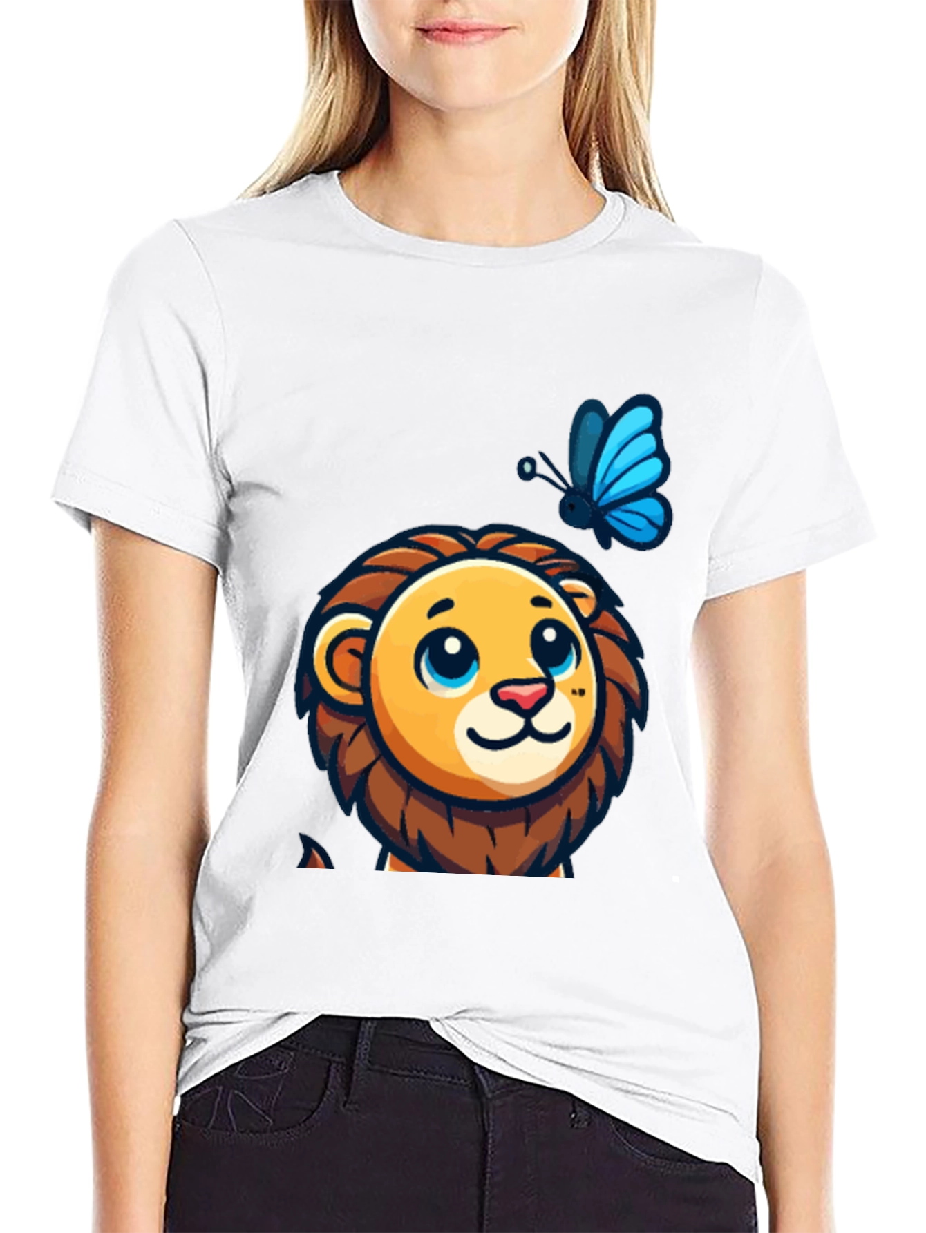 Cute Lion & Butterfly Graphic Black T-Shirt