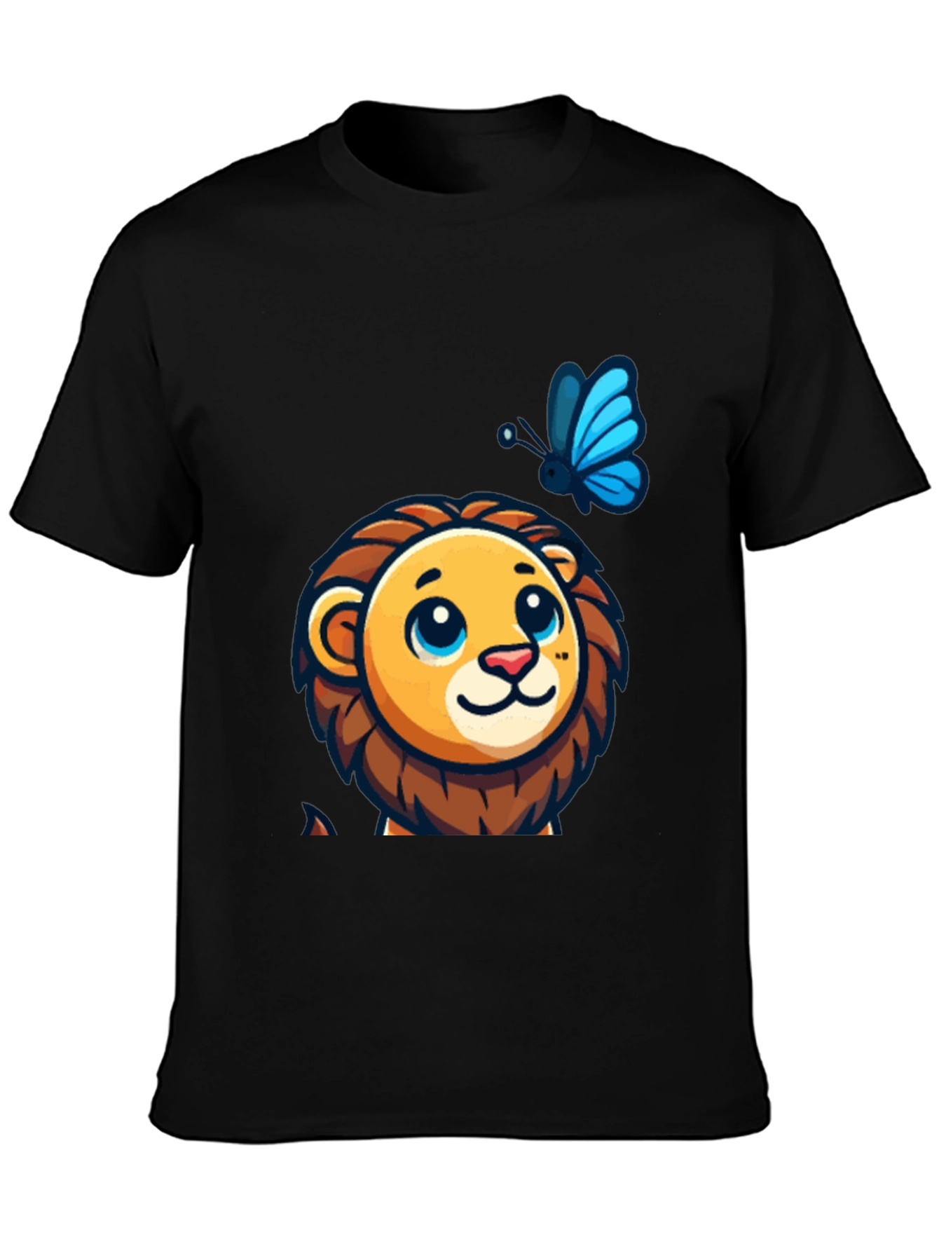 Cute Lion & Butterfly Graphic Black T-Shirt