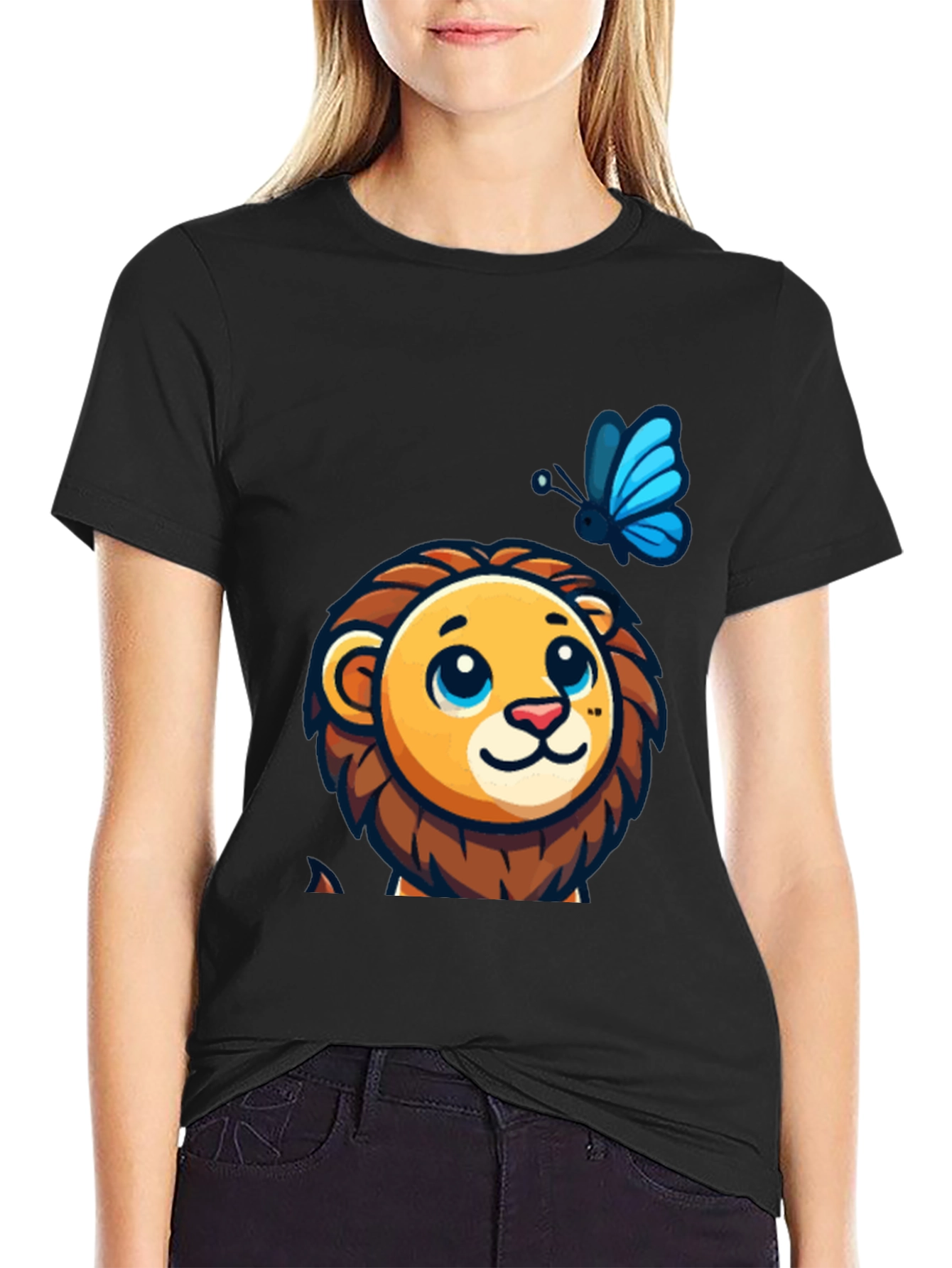 Cute Lion & Butterfly Graphic Black T-Shirt