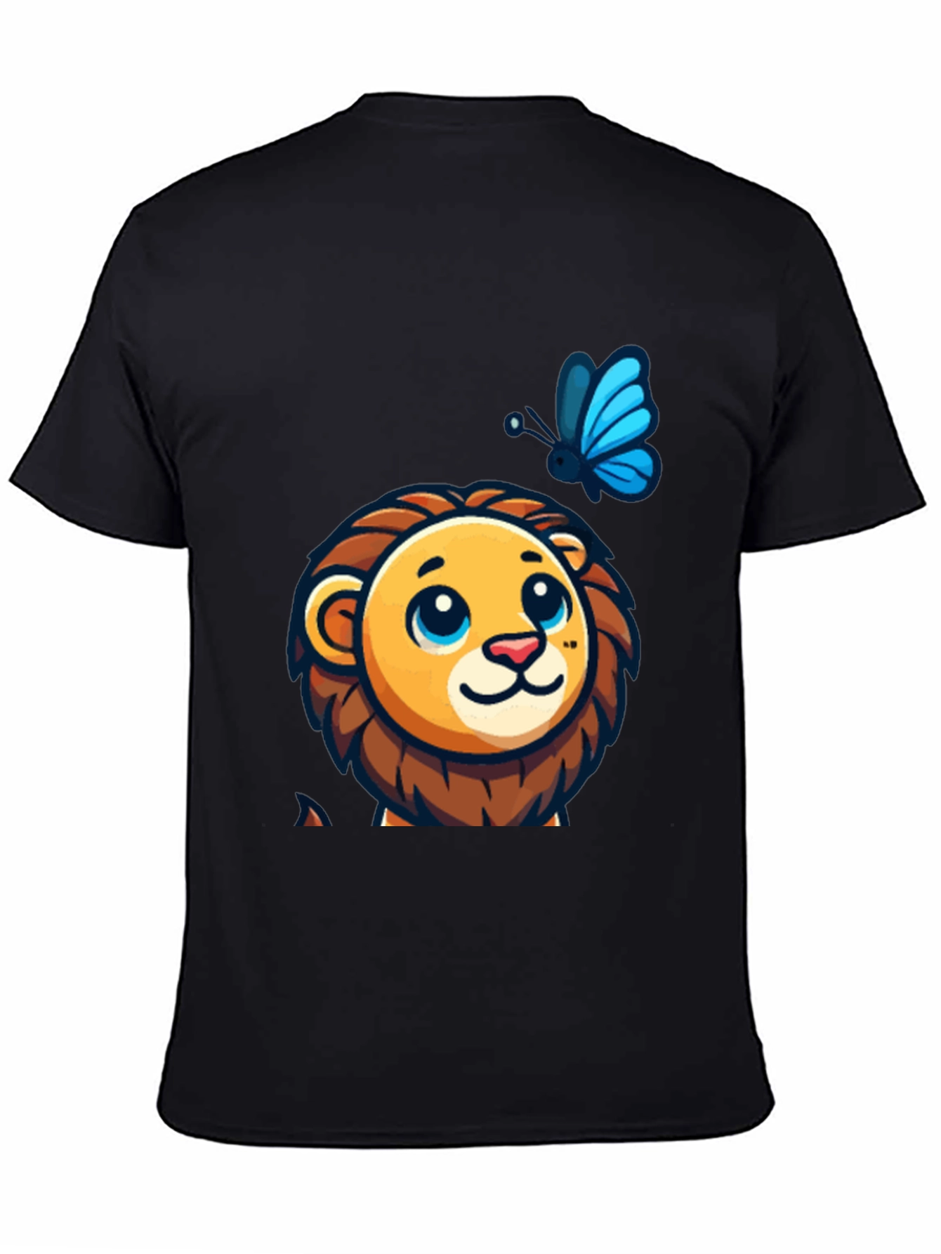 Cute Lion & Butterfly Graphic Black T-Shirt