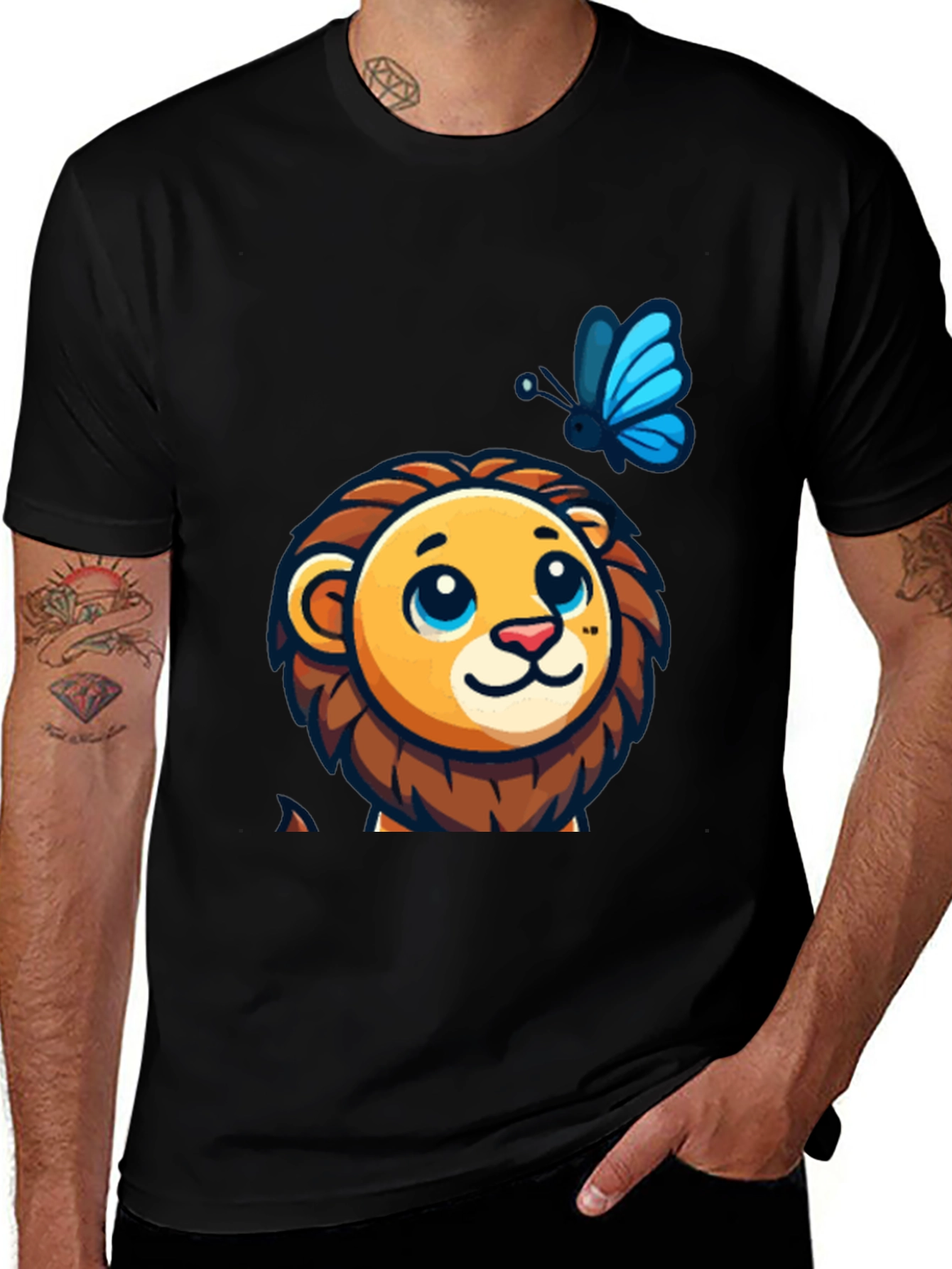 Cute Lion & Butterfly Graphic Black T-Shirt