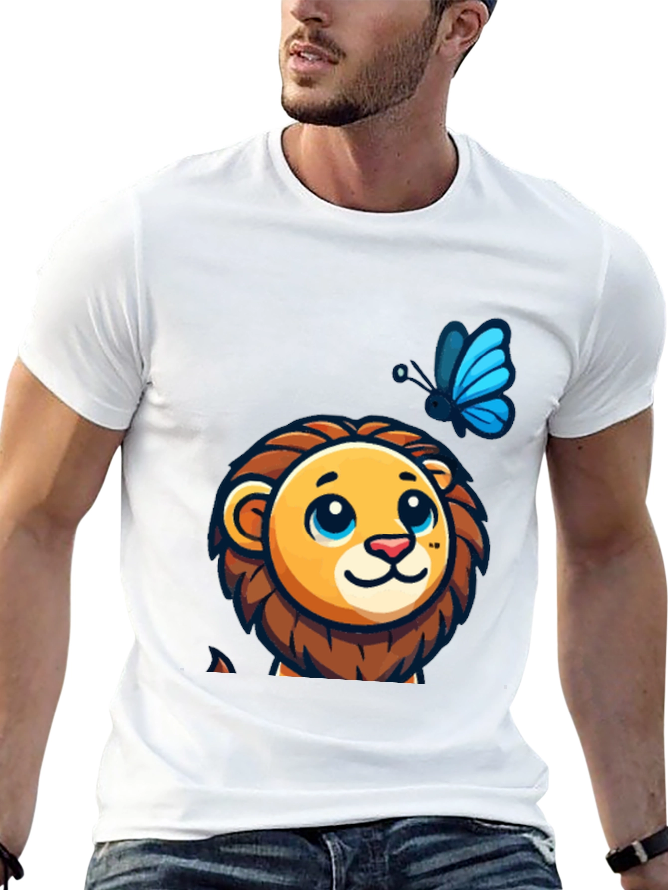 Cute Lion & Butterfly Graphic Black T-Shirt