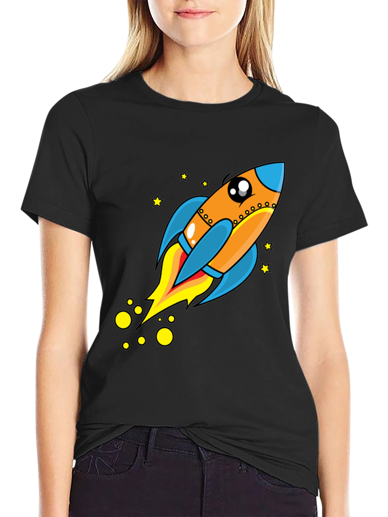 Rocket Ship Graphic Tee - Black Cotton T-Shirt