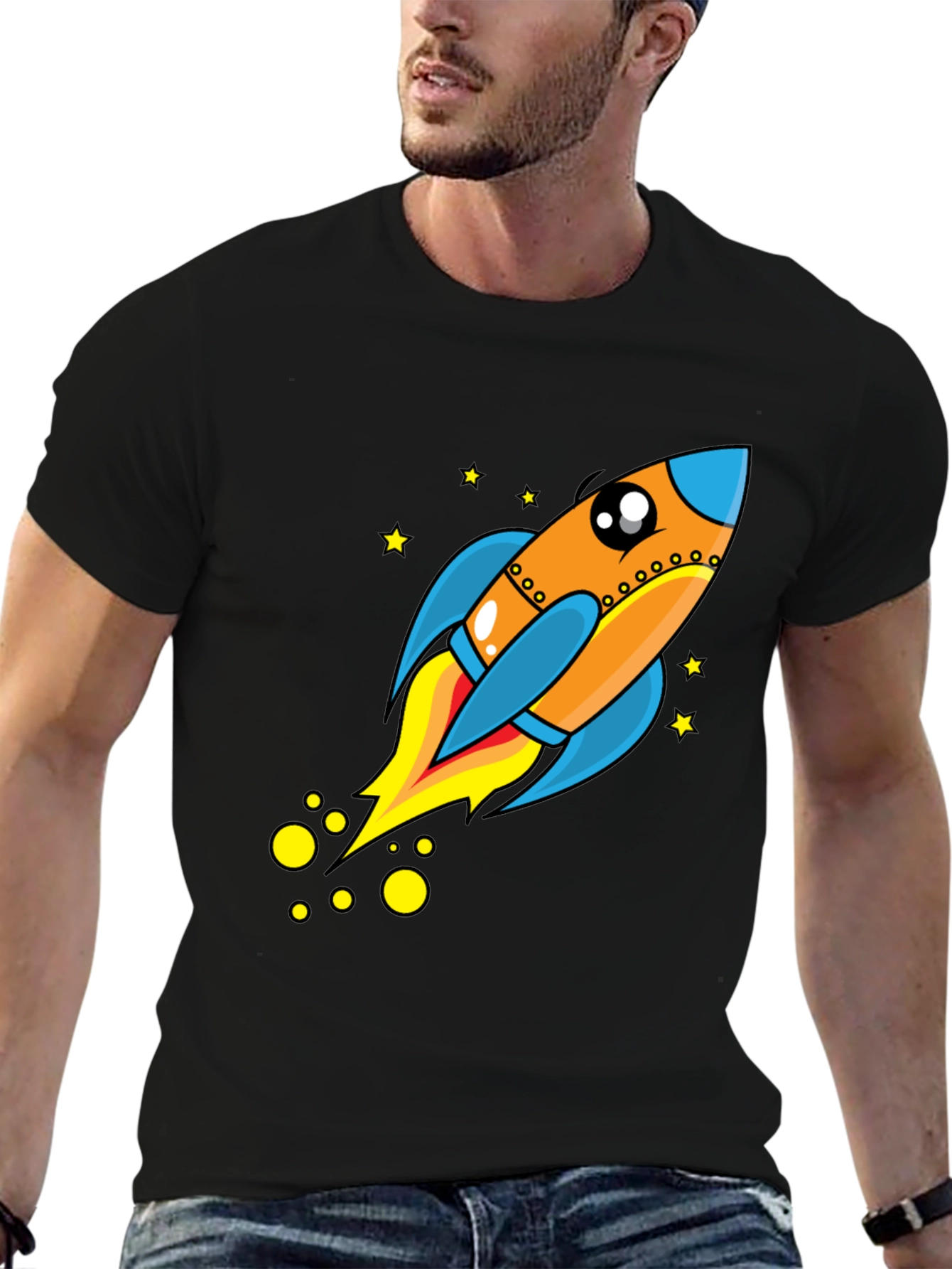 Rocket Ship Graphic Tee - Black Cotton T-Shirt