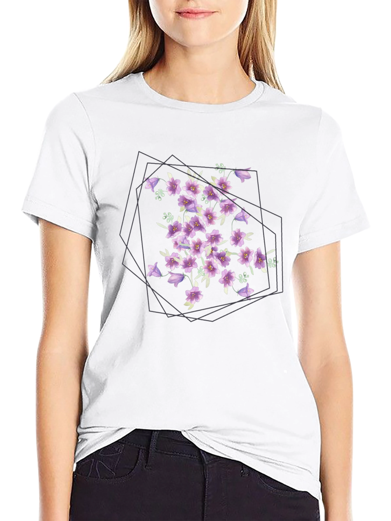 Floral Geometric Print Black T-Shirt