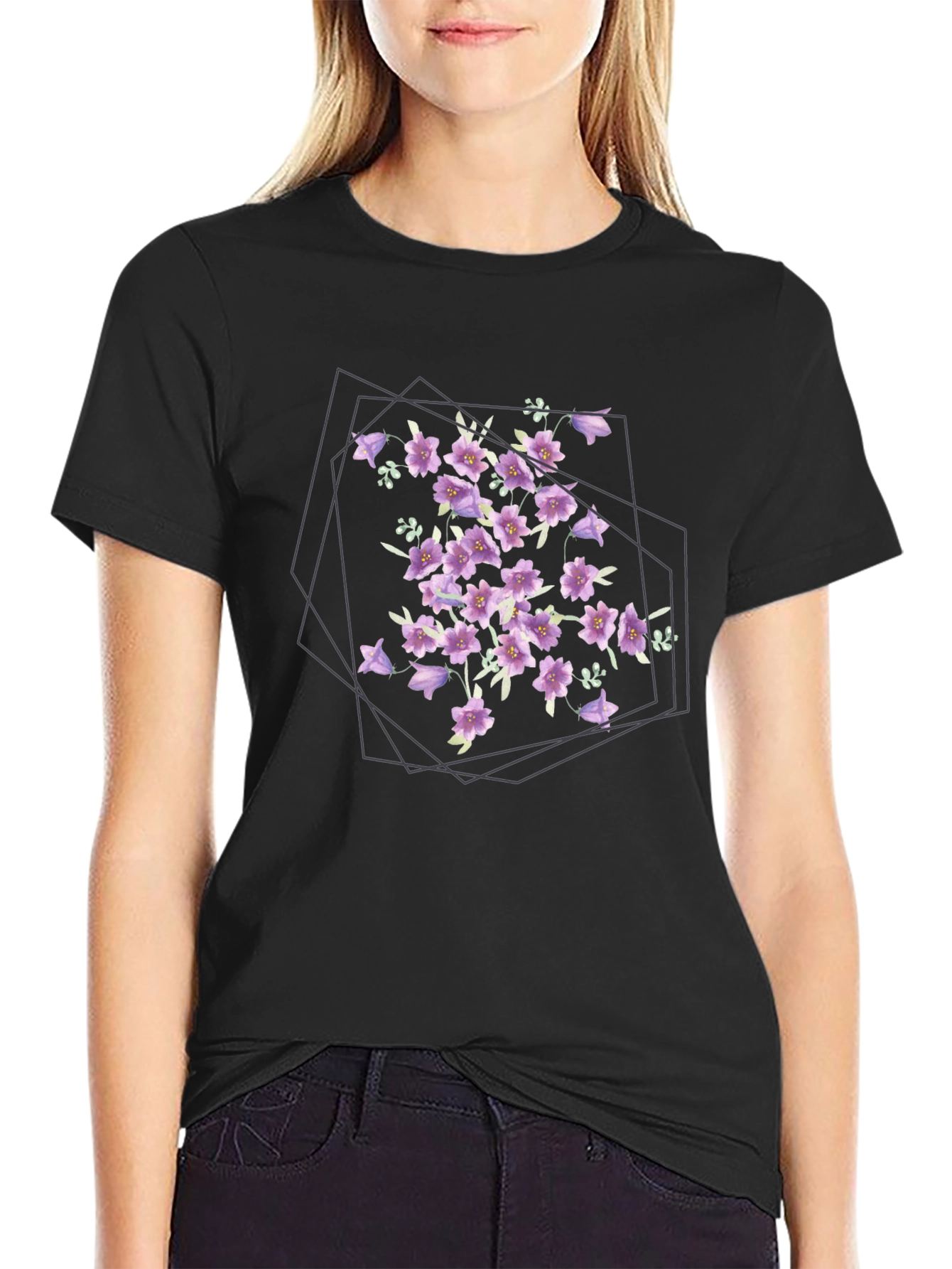 Floral Geometric Print Black T-Shirt