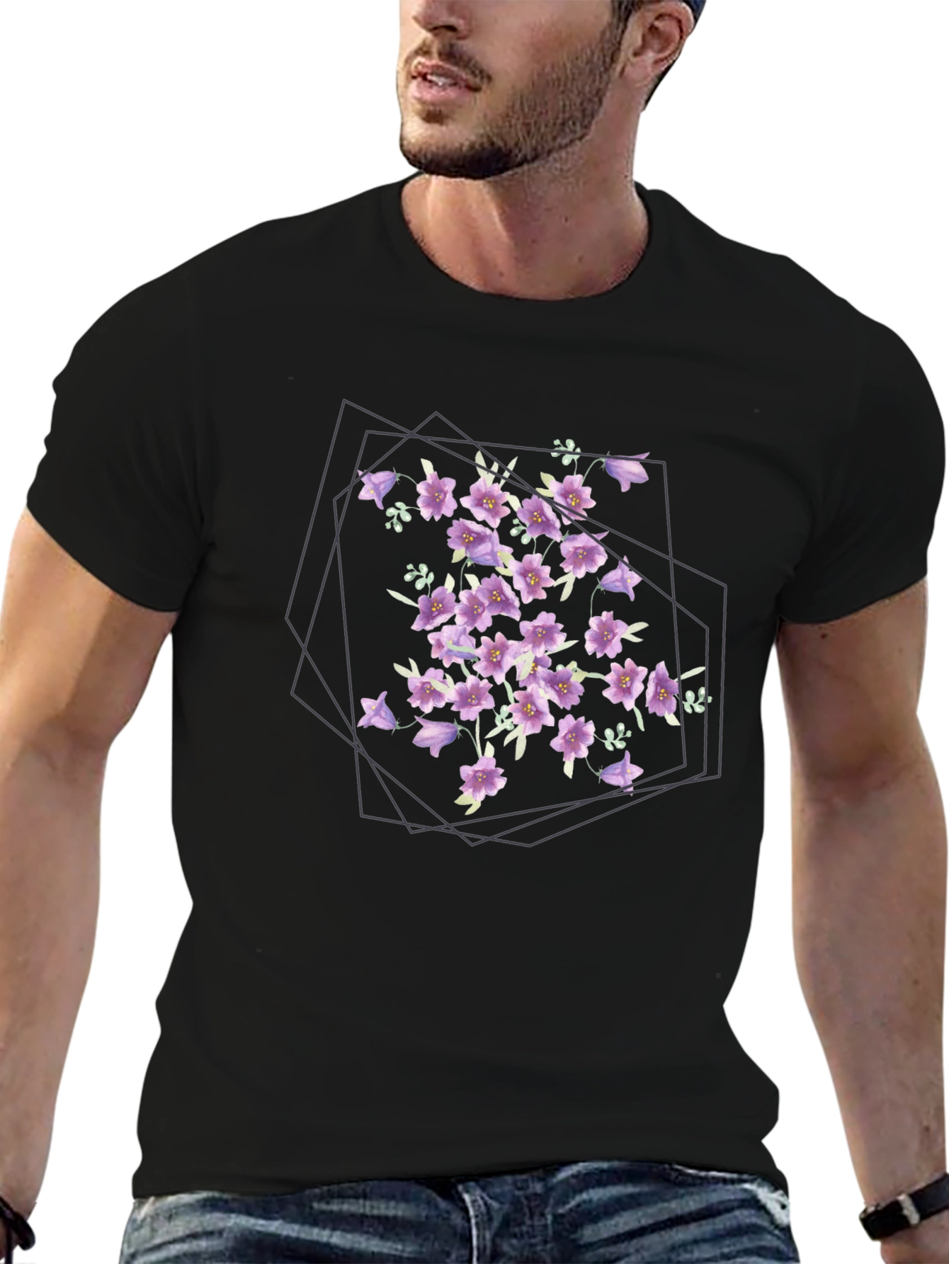 Floral Geometric Print Black T-Shirt
