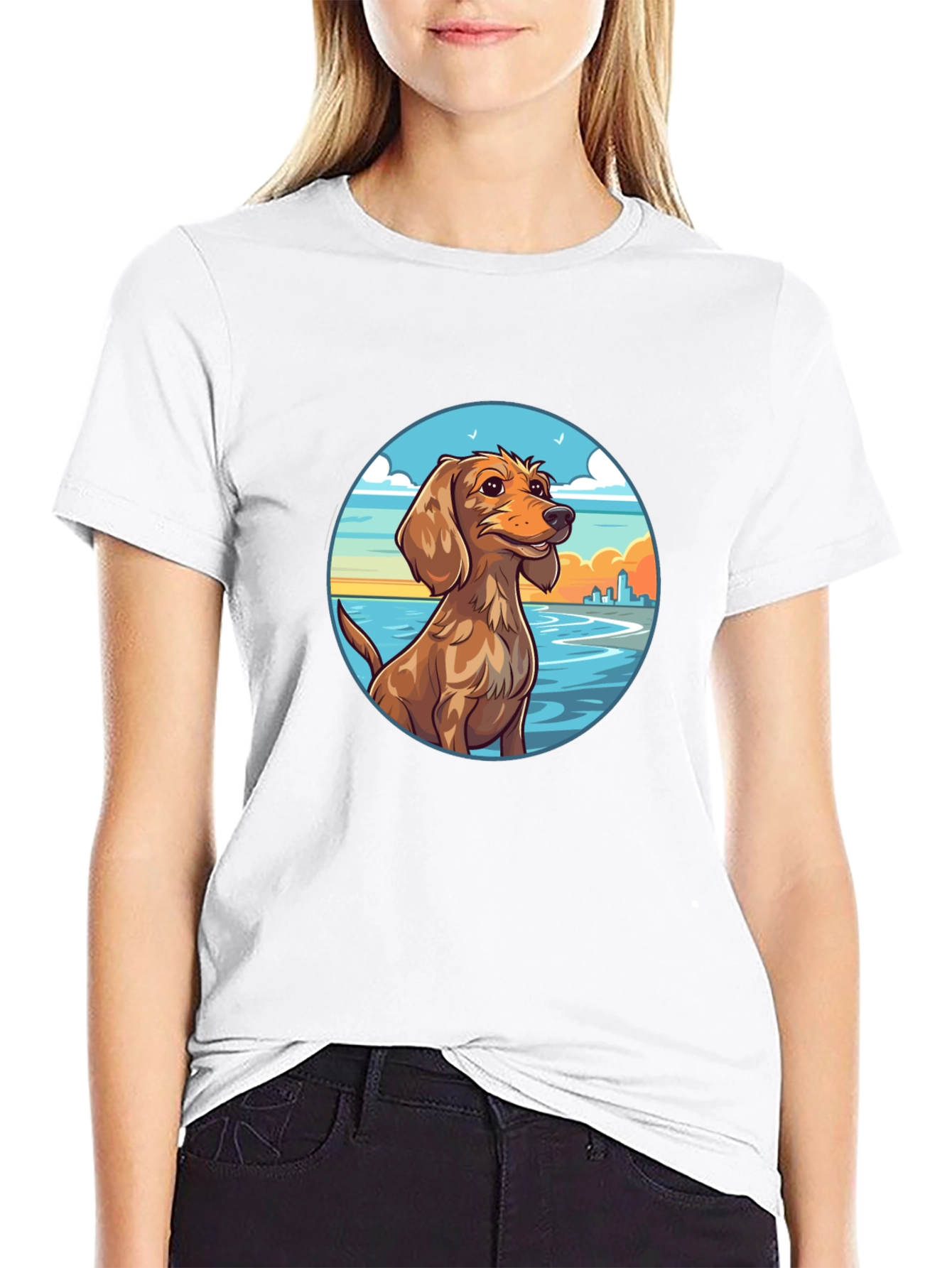 Dog Beach Scene Graphic Tee - Black Cotton T-Shirt
