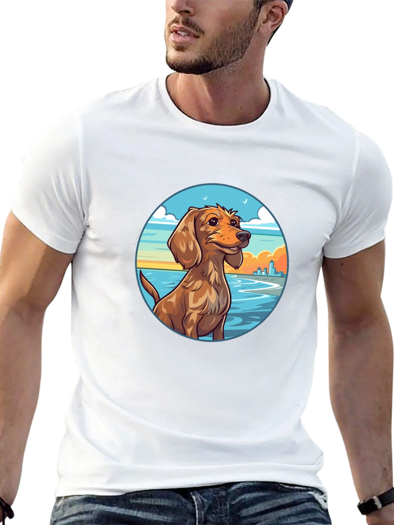 Dog Beach Scene Graphic Tee - Black Cotton T-Shirt