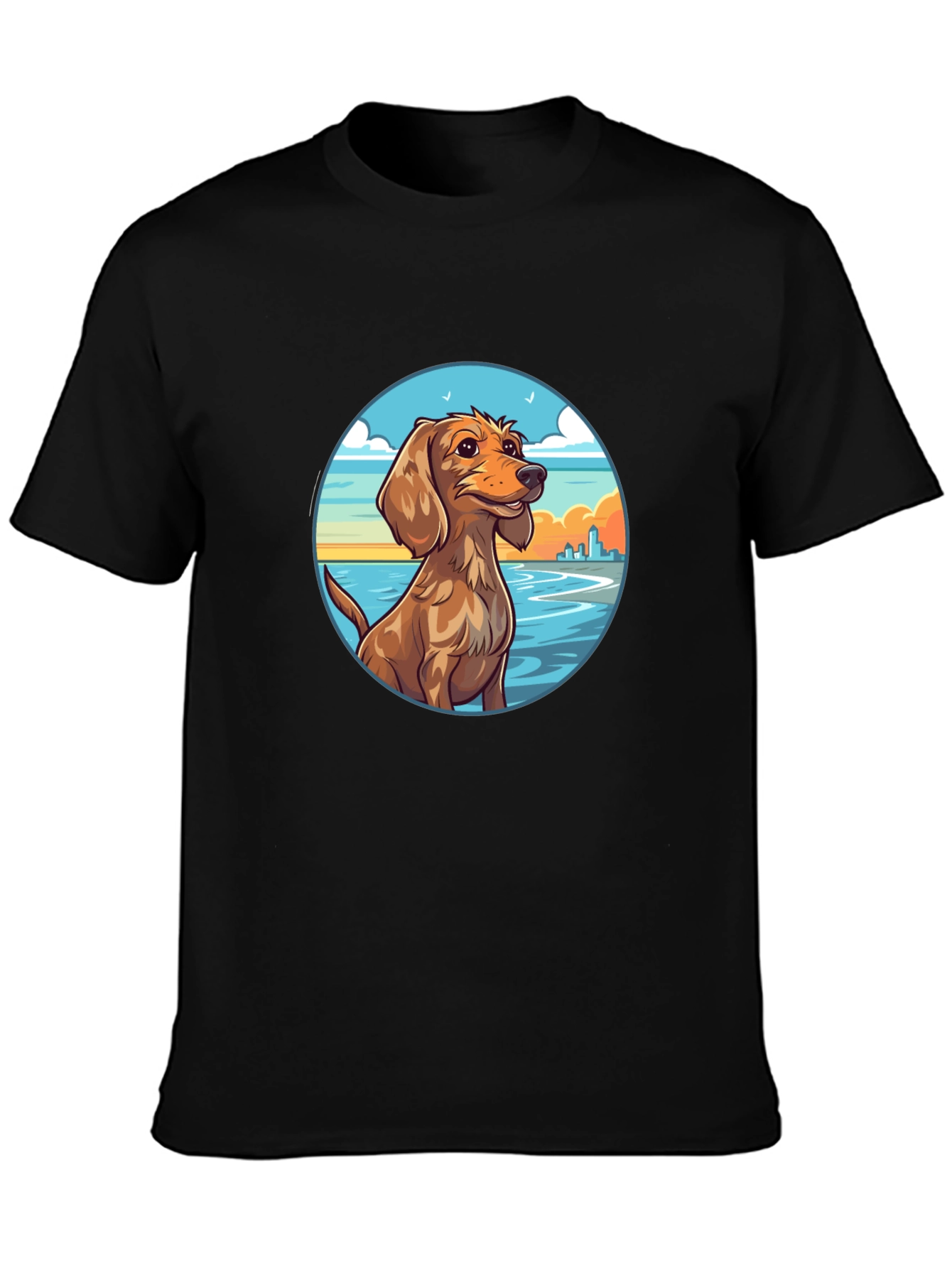 Dog Beach Scene Graphic Tee - Black Cotton T-Shirt
