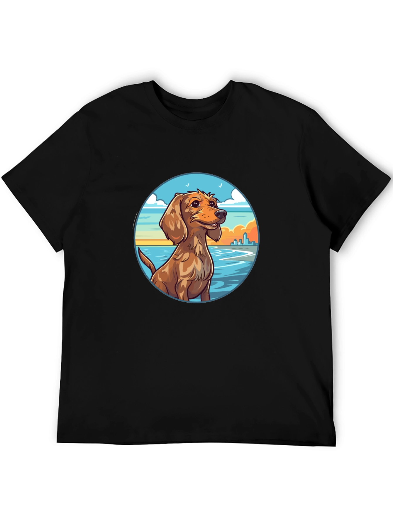 Dog Beach Scene Graphic Tee - Black Cotton T-Shirt