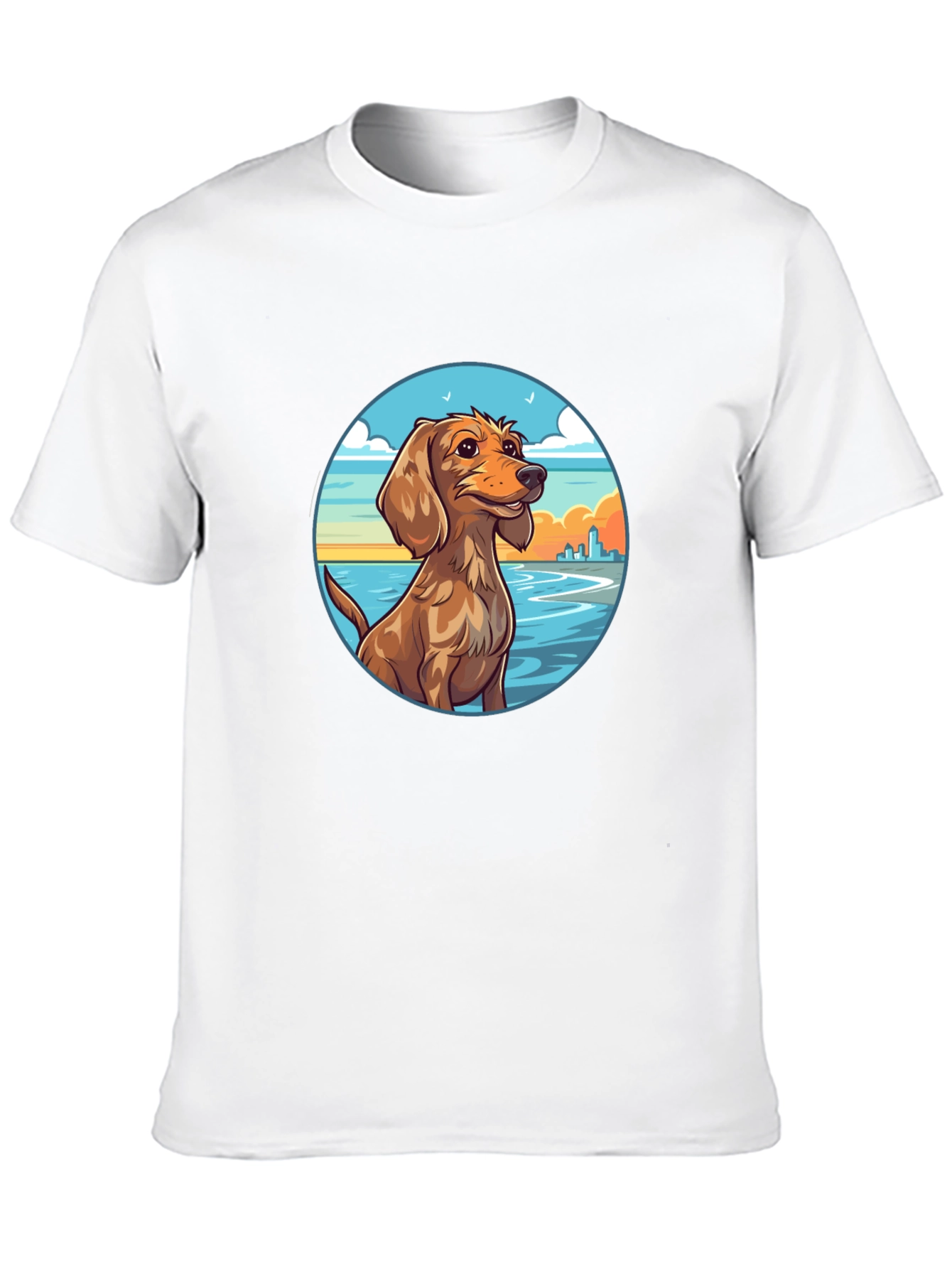 Dog Beach Scene Graphic Tee - Black Cotton T-Shirt
